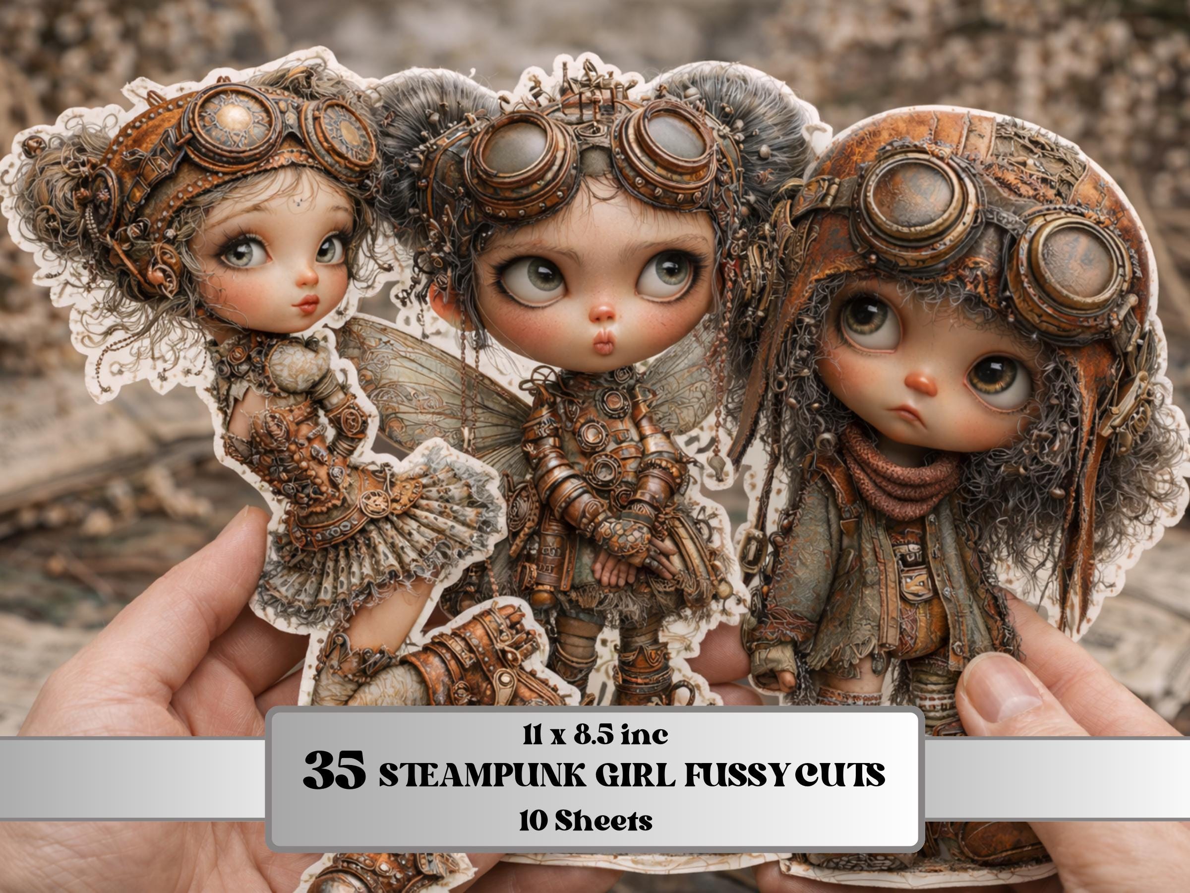 Steampunk Girl Fussy Cut, 35 Vintage Steampunk Fairy Cutouts, Junk Journal Ephemera Scrapbook Sheets