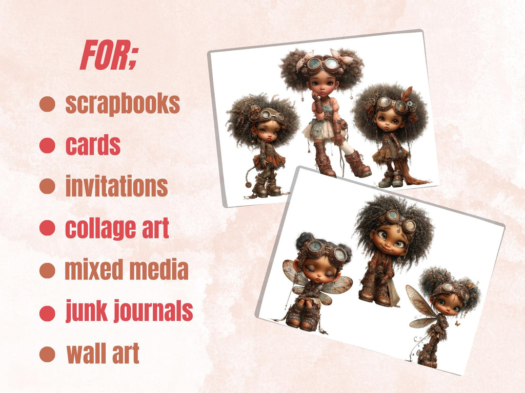 Steampunk Black Girls Fussy Cut, 35 Vintage Afro Fairy Cutouts, Industrial Junk Journal Ephemera Scrapbook Sheets