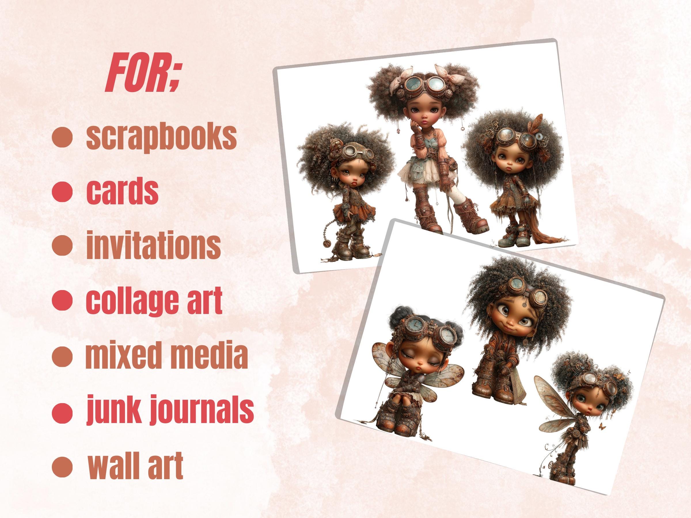 Steampunk Black Girls Fussy Cut, 35 Vintage Afro Fairy Cutouts, Industrial Junk Journal Ephemera Scrapbook Sheets