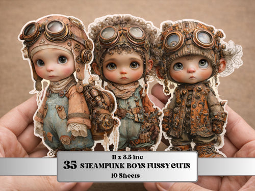 Steampunk Boy Fussy Cut Bundle, 35 Vintage Steampunk Cutouts, Industrial Junk Journal Ephemera Scrapbook Sheets