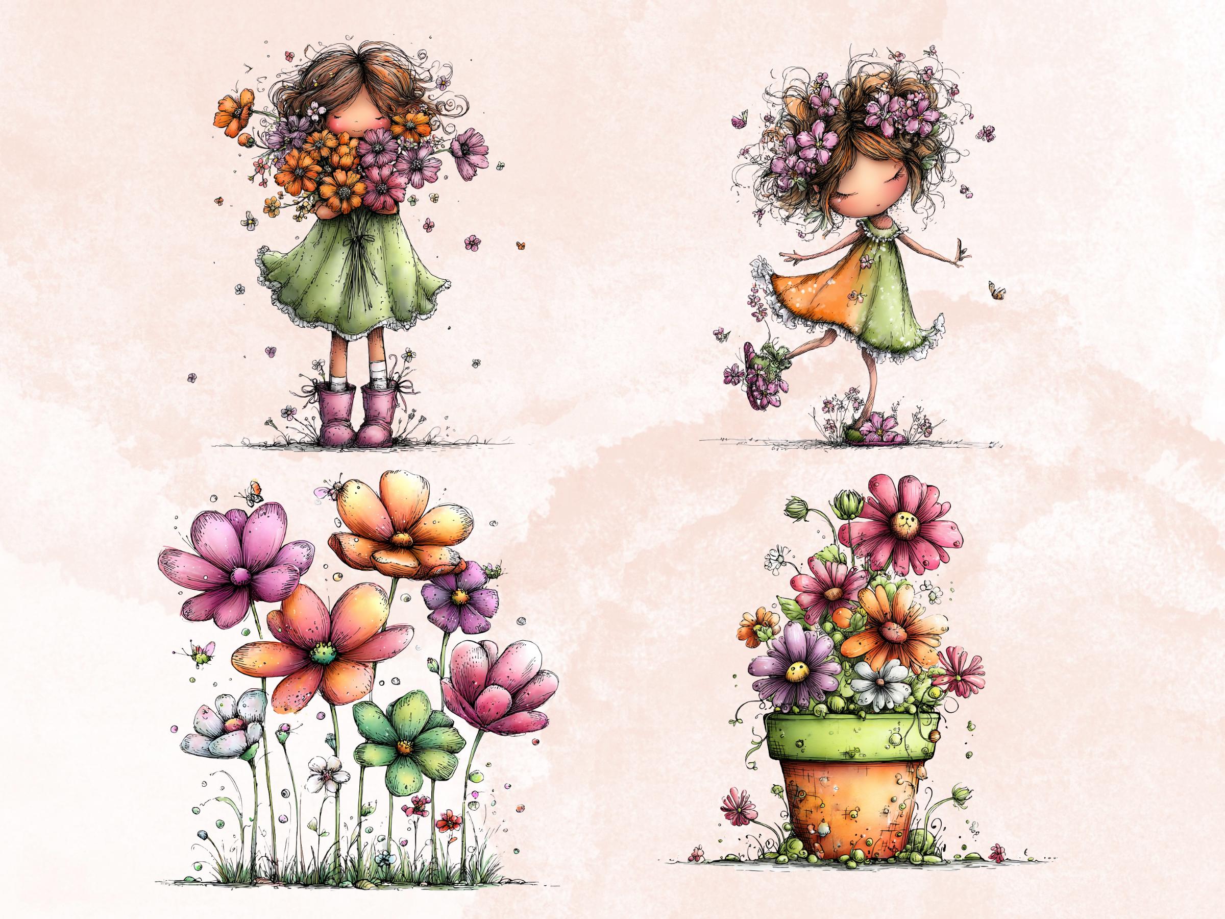 Whimsical Spring Clipart Bundle, Quirky Floral Easter PNG Illustrations (Digital Download, Commercial Use)