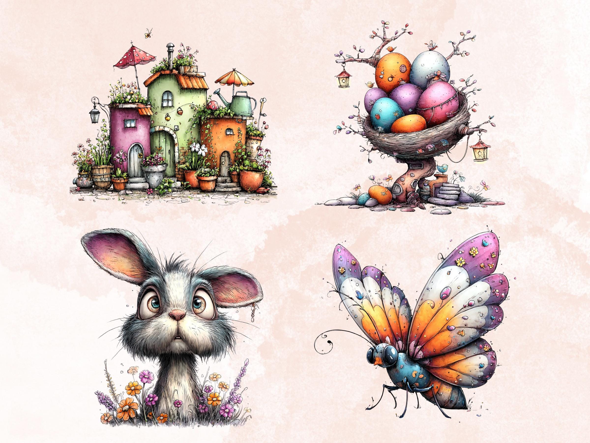 Whimsical Spring Clipart Bundle, Quirky Floral Easter PNG Illustrations (Digital Download, Commercial Use)