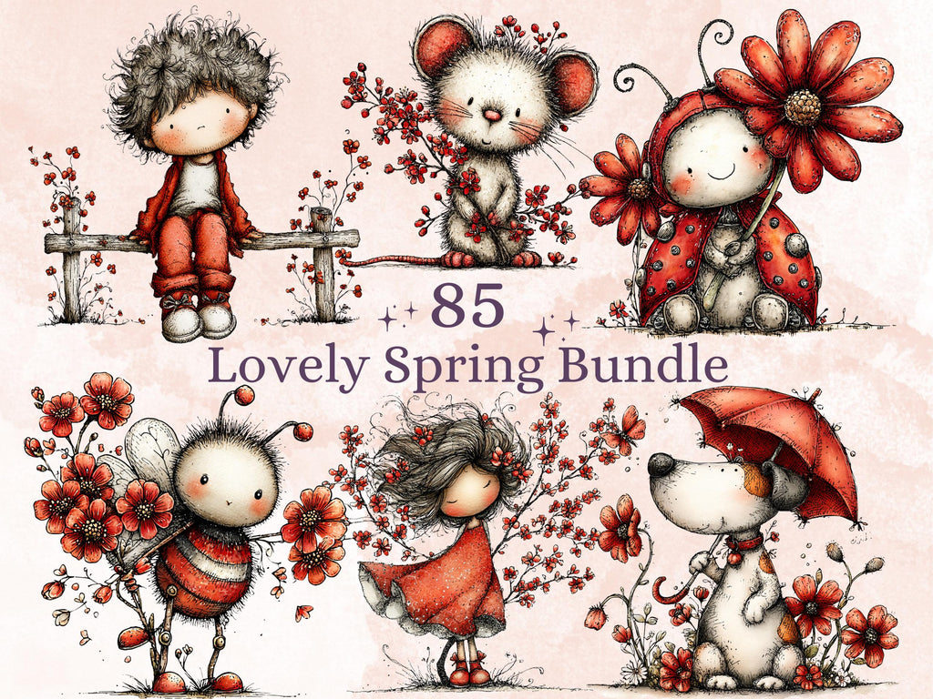 Whimsical Red Spring Clipart Bundle, Quirky Floral Easter PNG Illustrations (Digital Download, Commercial Use)