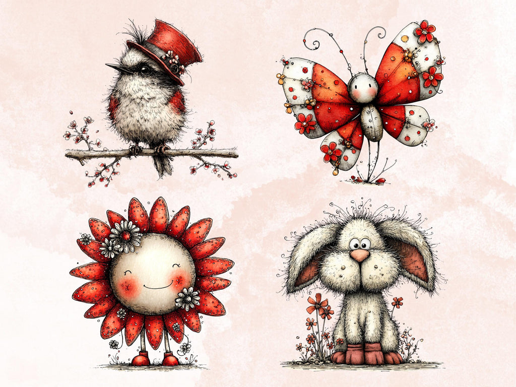 Whimsical Red Spring Clipart Bundle, Quirky Floral Easter PNG Illustrations (Digital Download, Commercial Use)