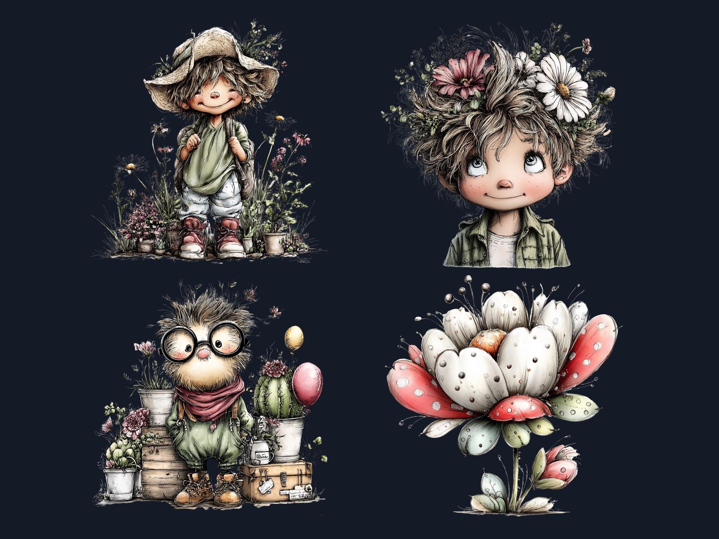 Whimsical Boho Spring Clipart Bundle, Floral Bohemian Easter PNG Illustrations (Digital Download, Commercial Use)