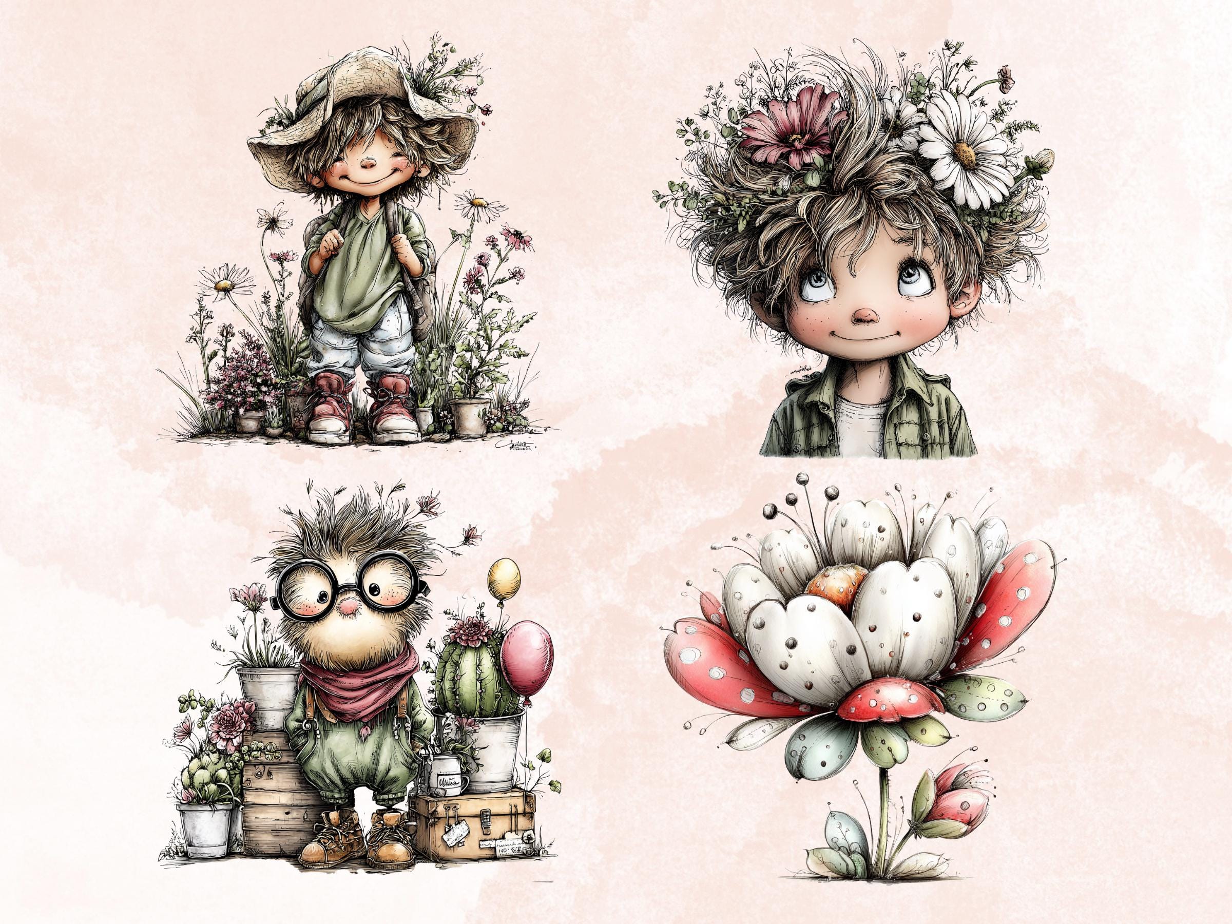 Whimsical Boho Spring Clipart Bundle, Floral Bohemian Easter PNG Illustrations (Digital Download, Commercial Use)