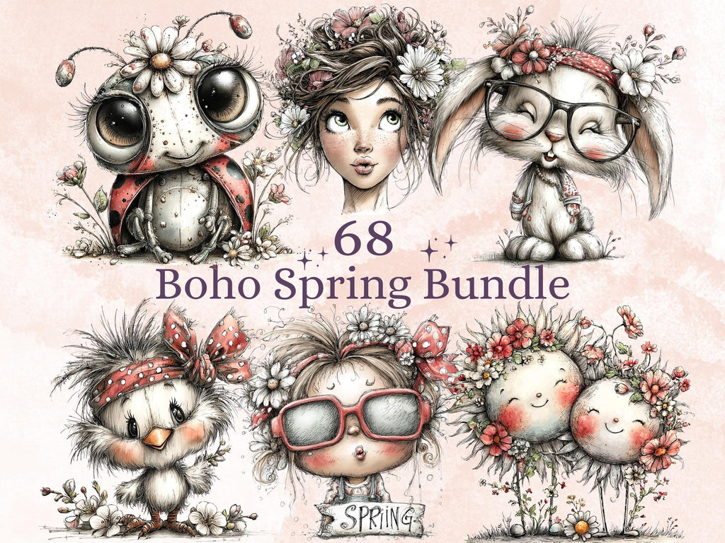 Whimsical Boho Spring Clipart Bundle, Floral Bohemian Easter PNG Illustrations (Digital Download, Commercial Use)