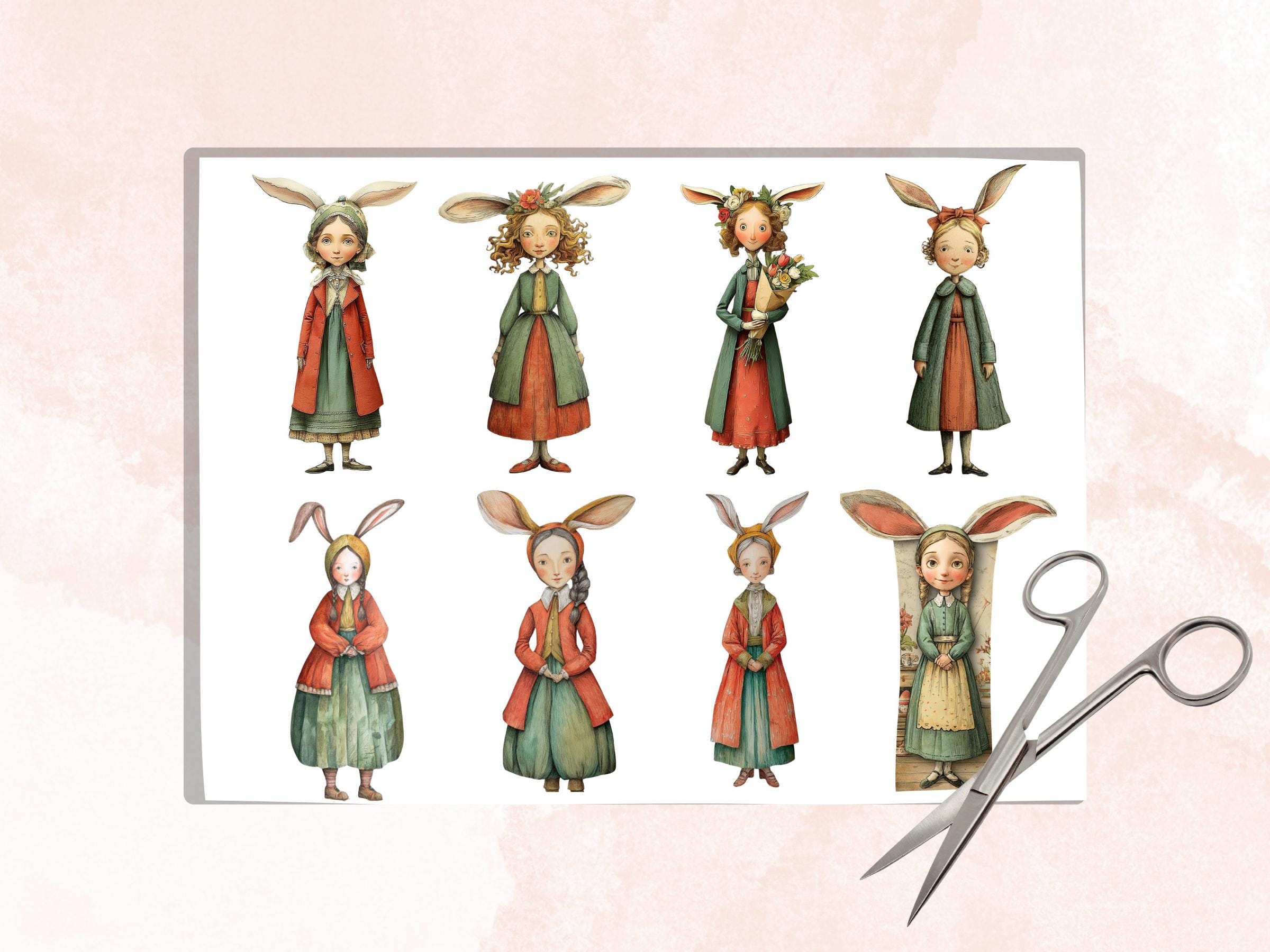 Whimsical Bunny Girl Fussy Cut Bundle, 53 Spring Bunny Girls, Pastel Ephemera for Junk Journal Scrapbook Sheets