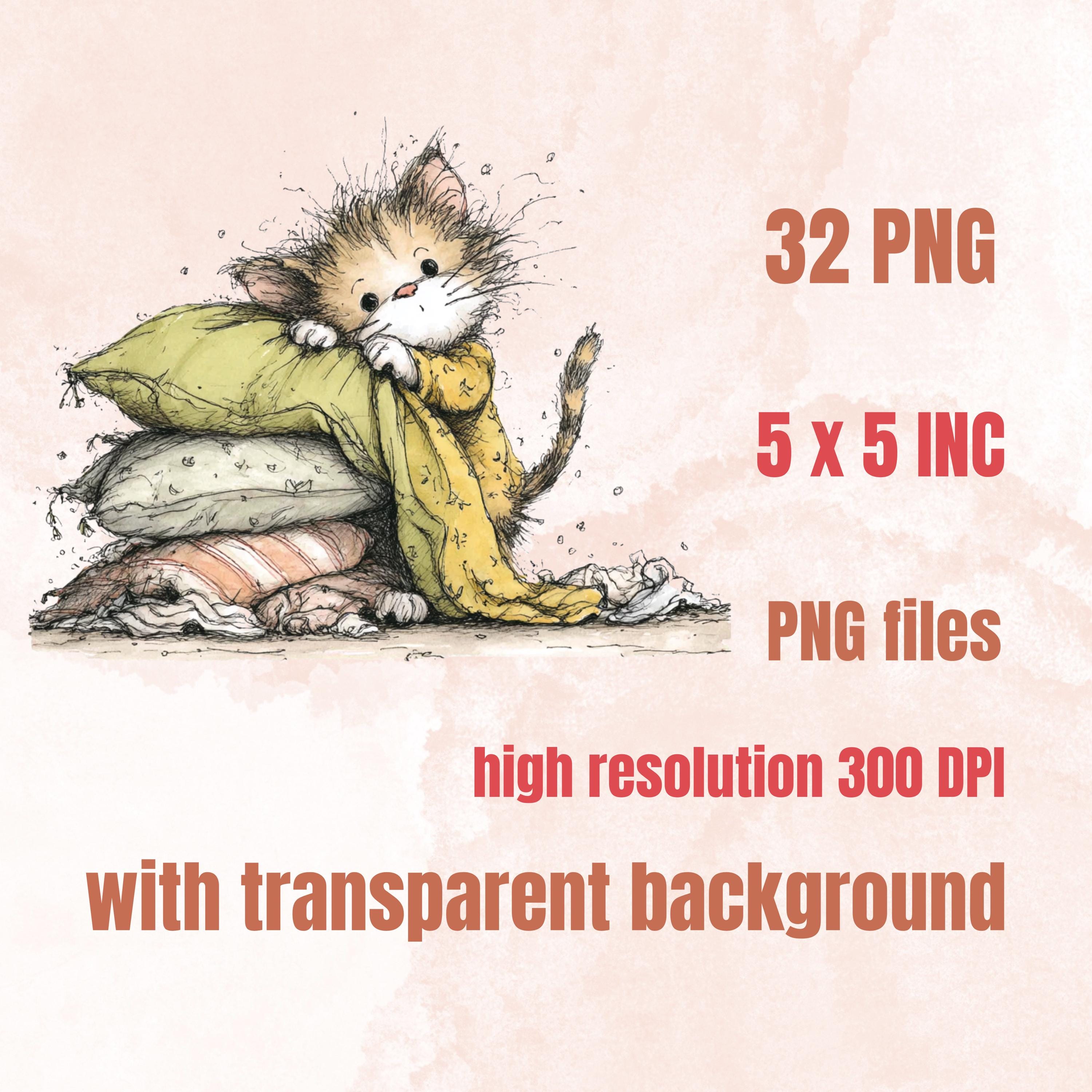 Watercolor Cat Secret Life Clipart: Whimsical Kitten Storybook Illustration PNG (Digital Download)