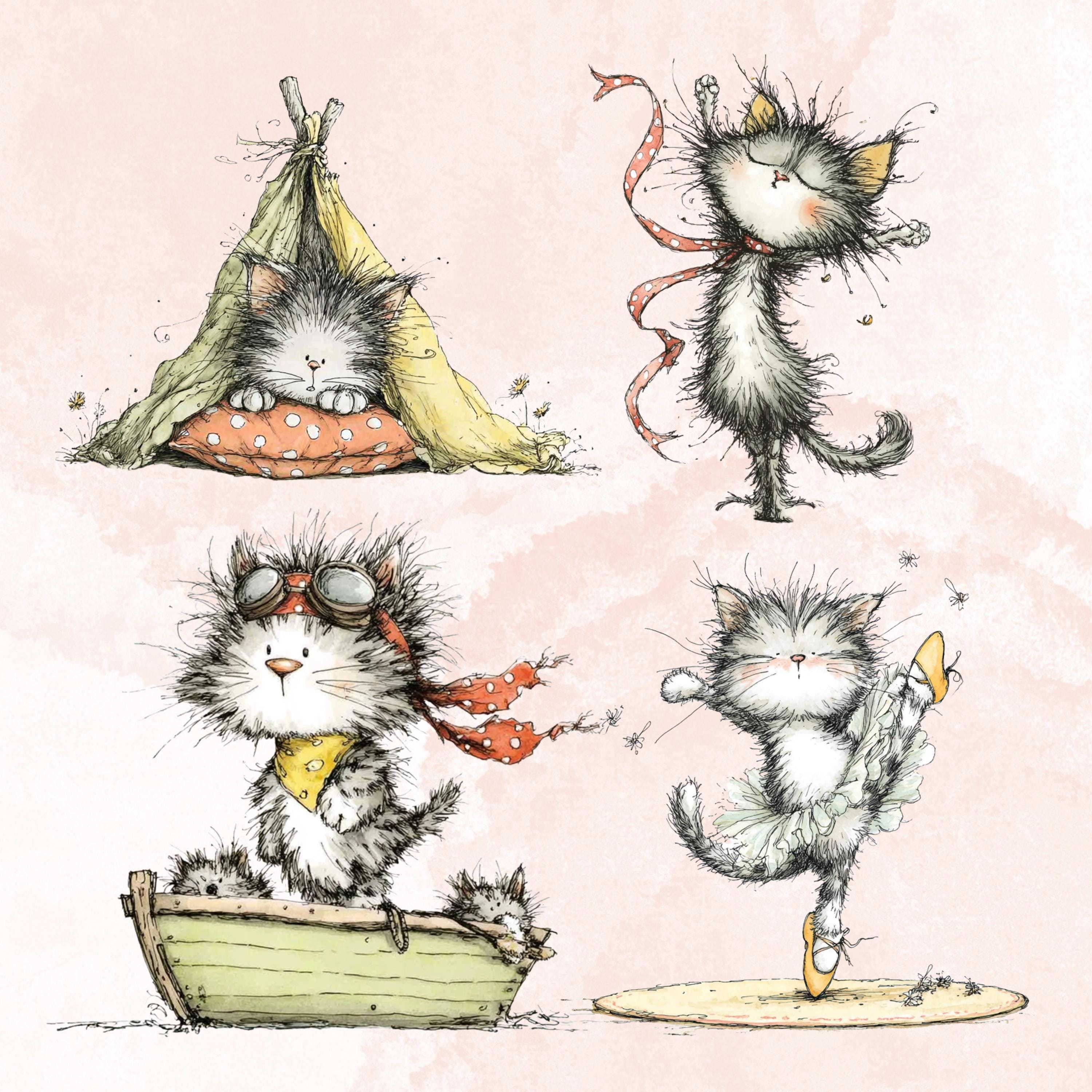 Watercolor Cat Secret Life Clipart: Whimsical Kitten Storybook Illustration PNG (Digital Download)