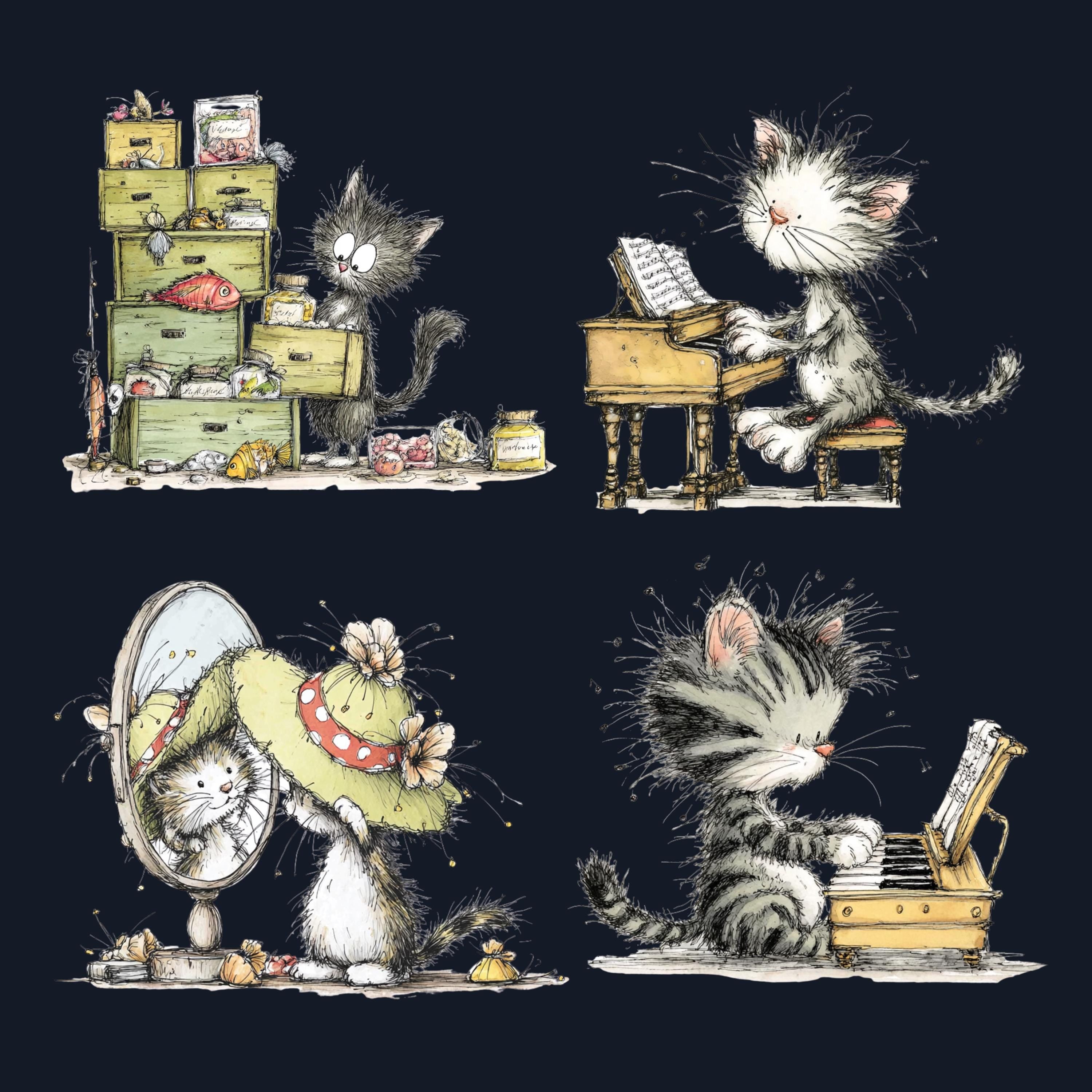 Watercolor Cat Secret Life Clipart: Whimsical Kitten Storybook Illustration PNG (Digital Download)