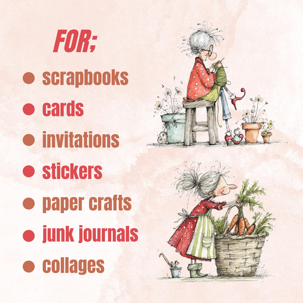 Quirky Grandma's Garden Clipart: Whimsical Elderly Lady Illustration PNG (Digital Download)