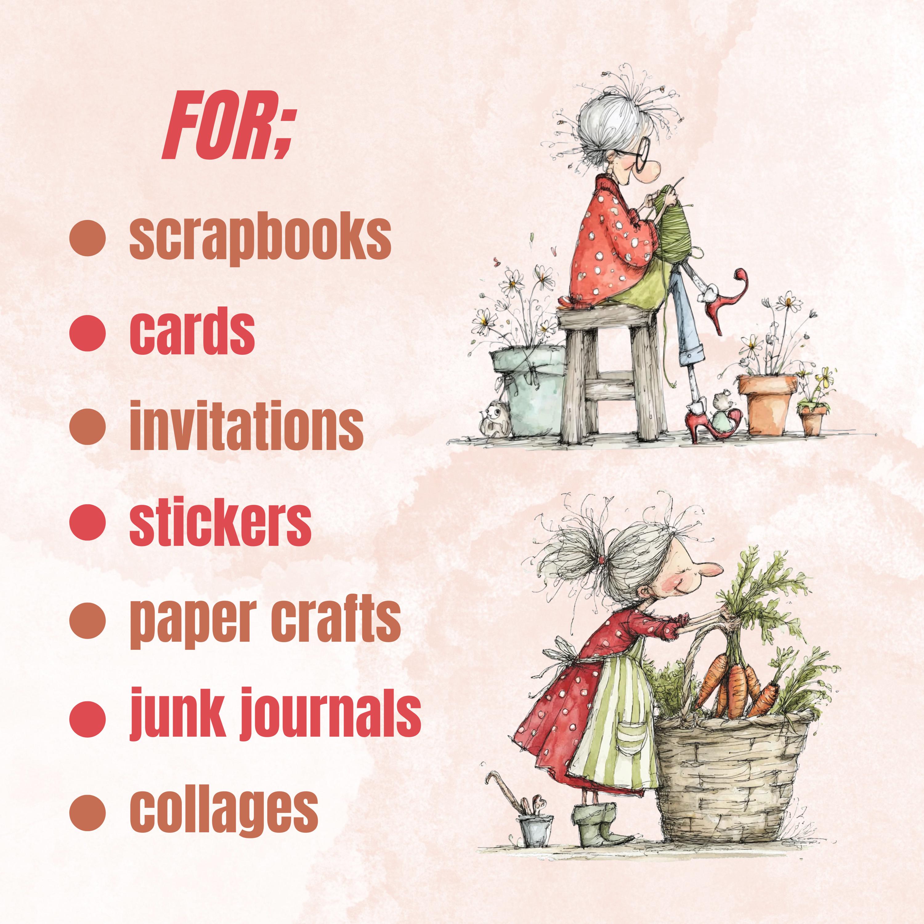 Quirky Grandma's Garden Clipart: Whimsical Elderly Lady Illustration PNG (Digital Download)