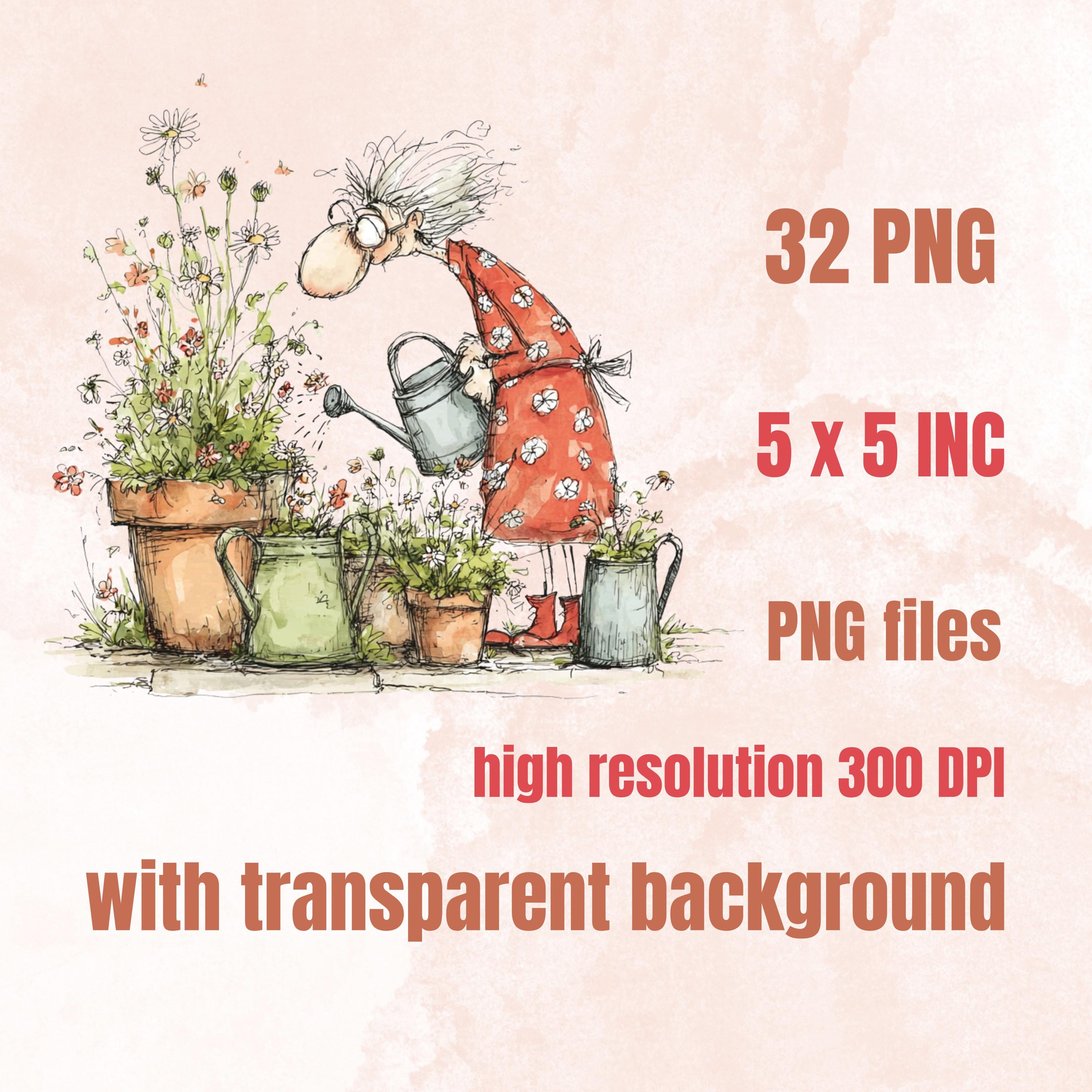 Quirky Grandma's Garden Clipart: Whimsical Elderly Lady Illustration PNG (Digital Download)