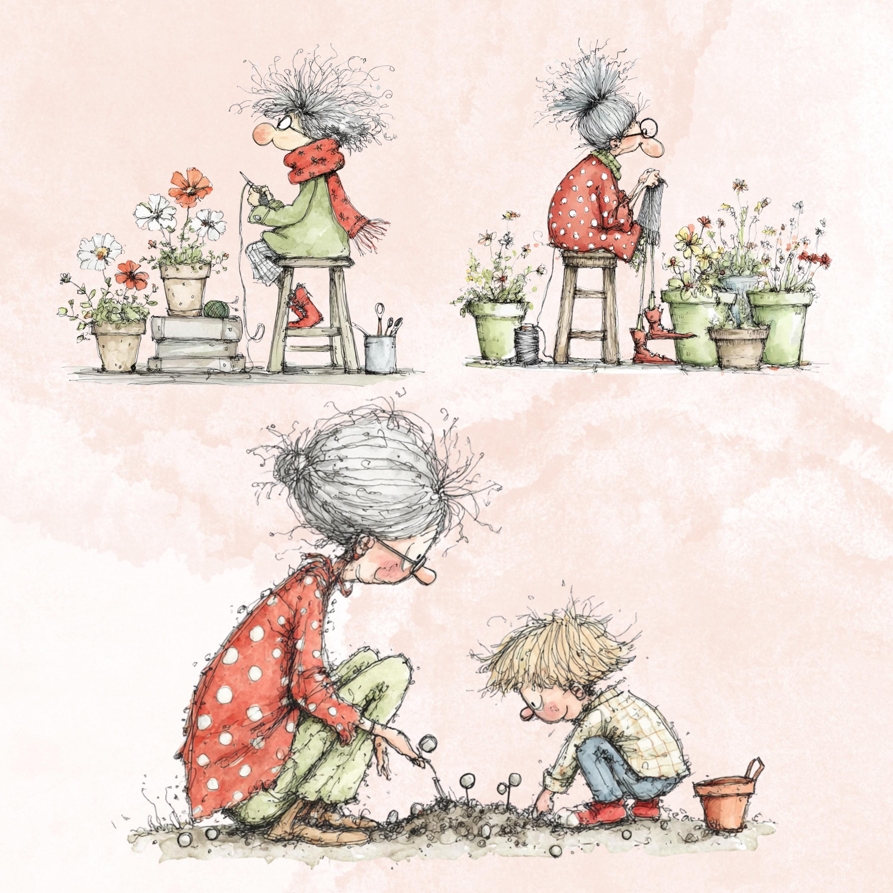 Quirky Grandma's Garden Clipart: Whimsical Elderly Lady Illustration PNG (Digital Download)
