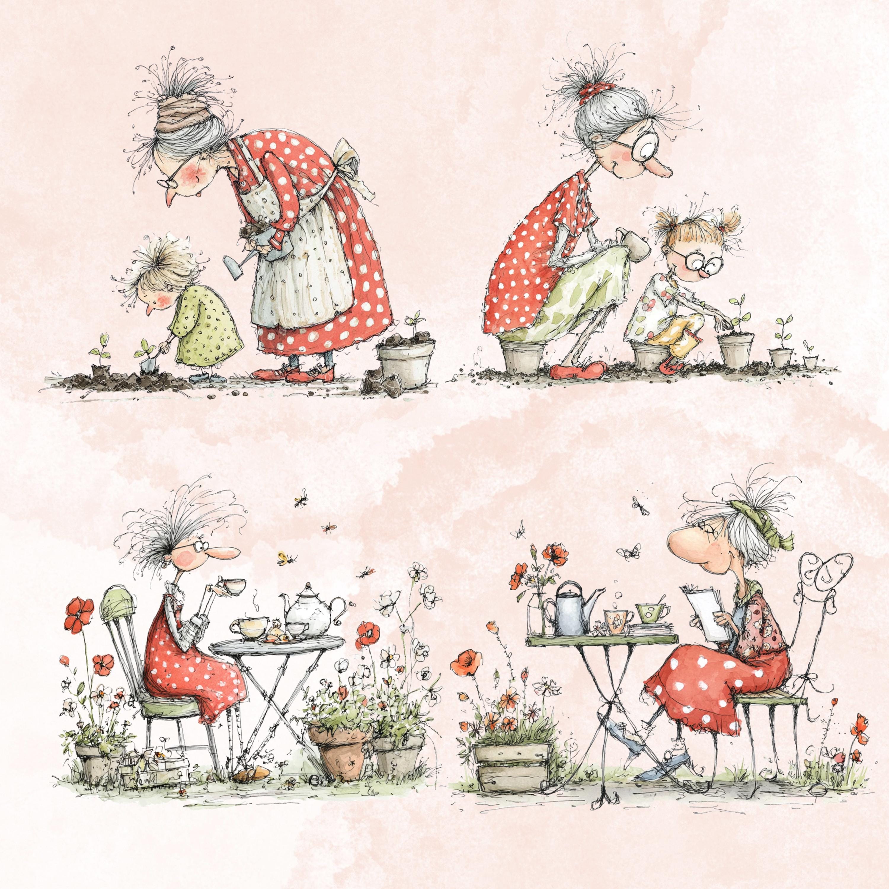 Quirky Grandma's Garden Clipart: Whimsical Elderly Lady Illustration PNG (Digital Download)