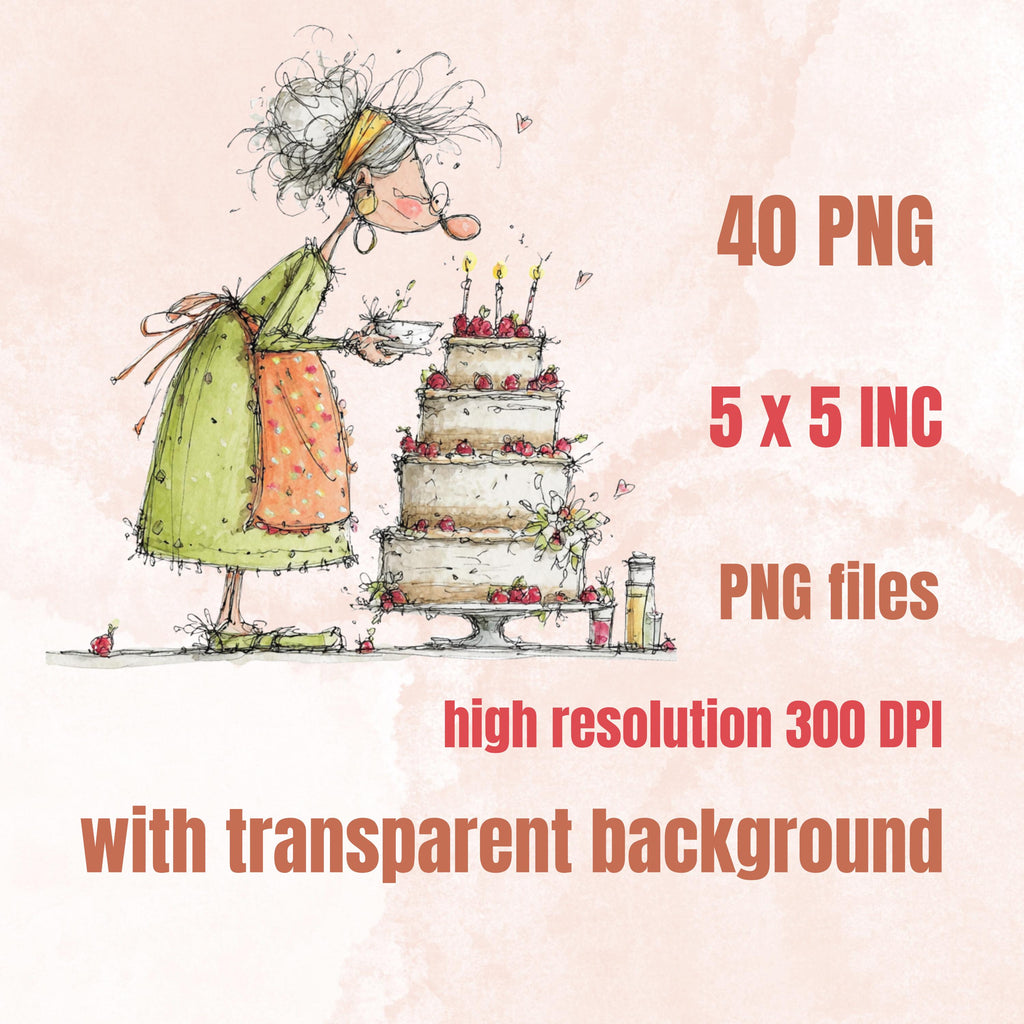 Quirky Grandma's Birthday Clipart: Whimsical Elderly Lady Illustration PNG (Digital Download)