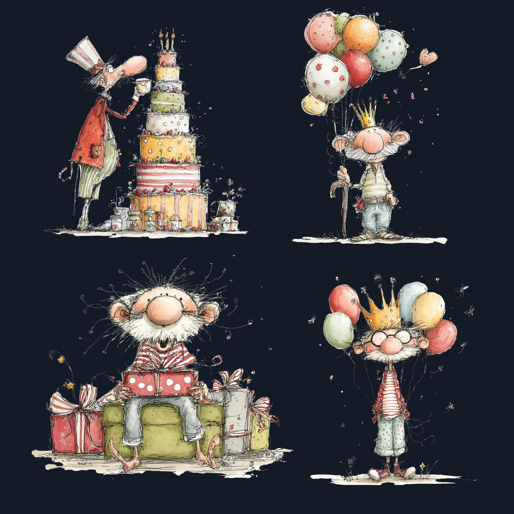 Quirky Grandpa's Birthday Clipart: Whimsical Elderly Man Illustration PNG (Digital Download)