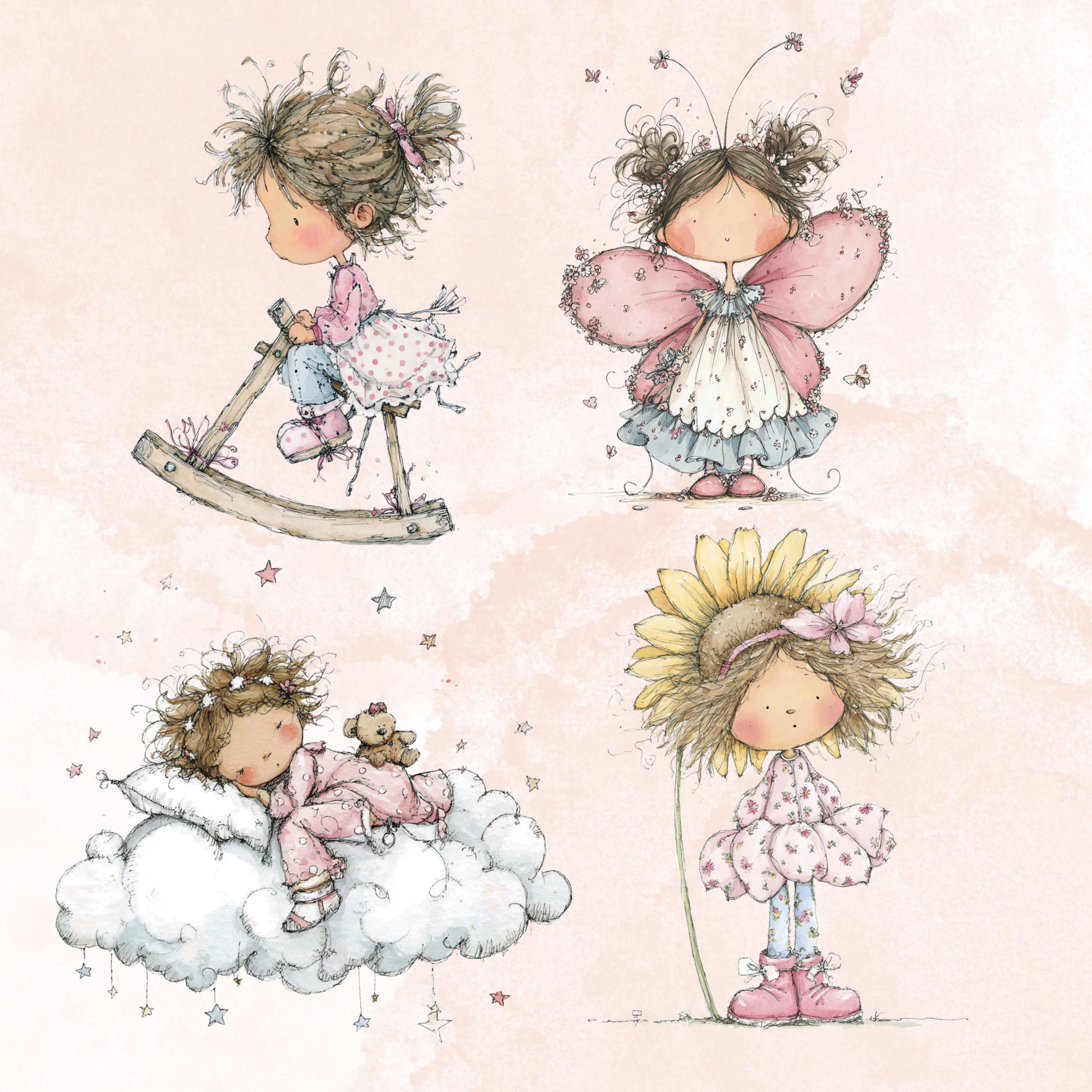 Watercolor Little Girl Clipart: Whimsical Pink Nursery Illustration PNG (Digital Download)