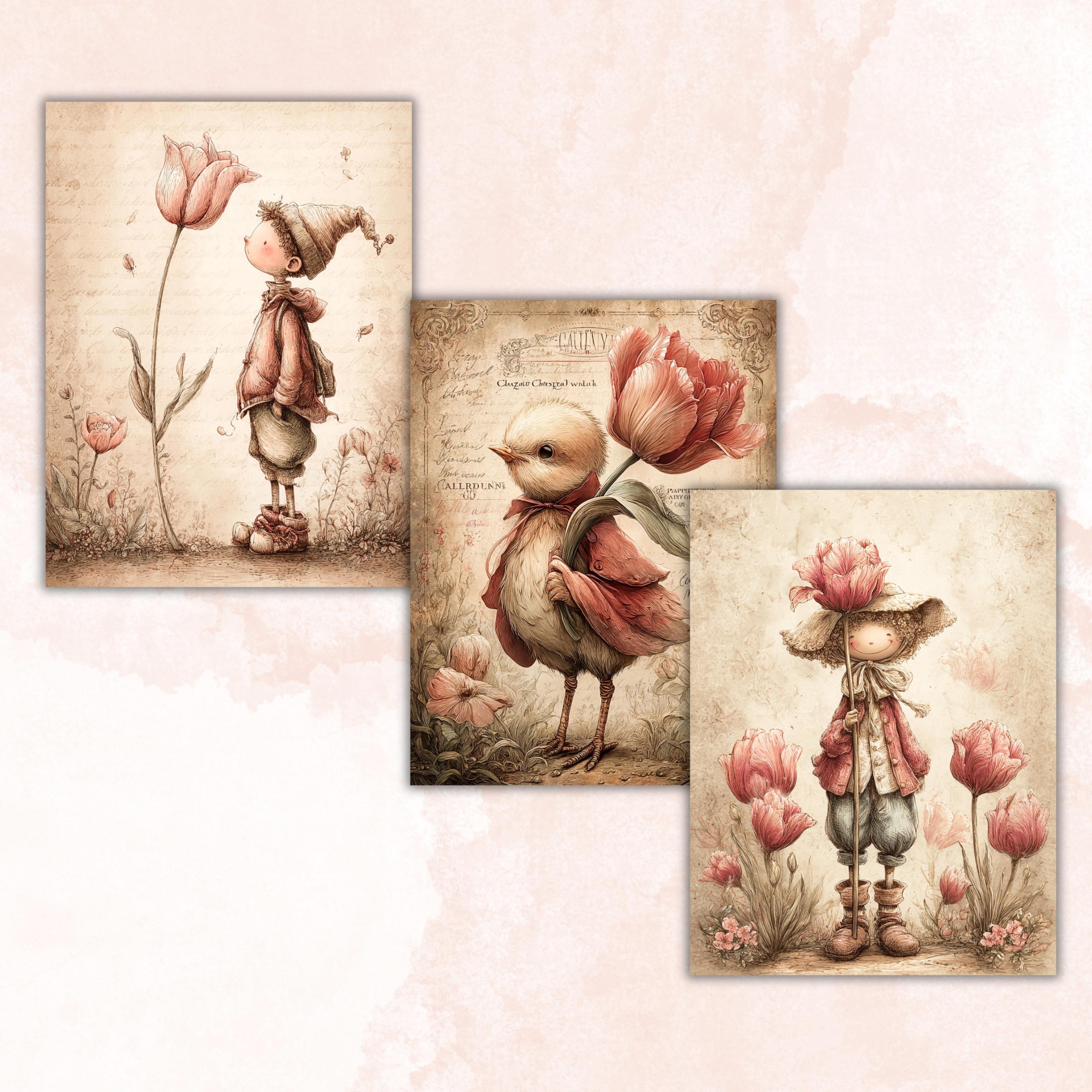 Whimsy Tulip Tales Digital Papers, Spring Backgrounds, Easter Ephemera Collage Journal Pages, Scrapbooking, Instant Printable Download