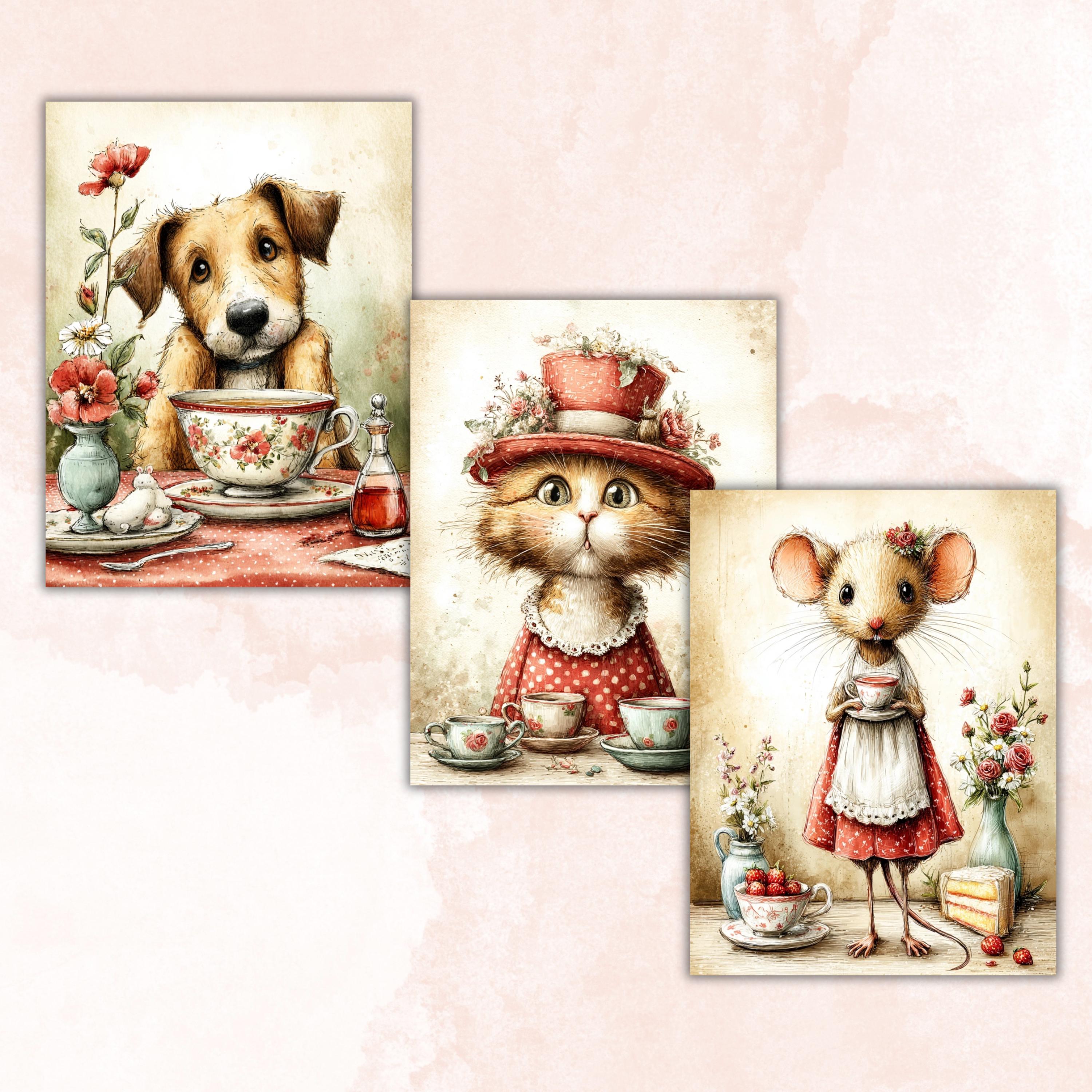 Quirky Tea Party Junk Journal Pages, Letter Size Whimsical Tea Time Printable Backgrounds Commercial Use