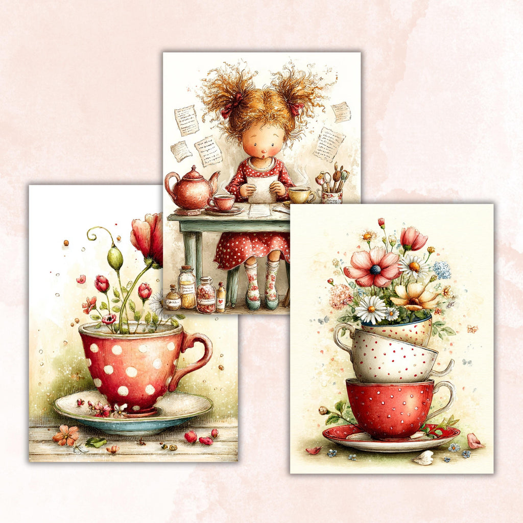 Quirky Tea Party Junk Journal Pages, Letter Size Whimsical Tea Time Printable Backgrounds Commercial Use