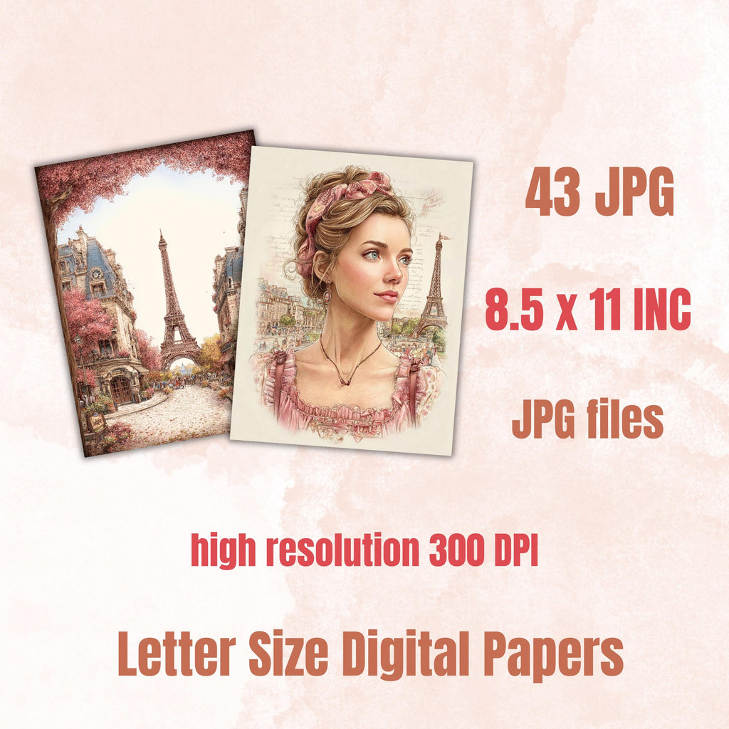 Whimsical Paris Digital Papers, Letter Size Parisian Travel Printable Backgrounds Commercial Use