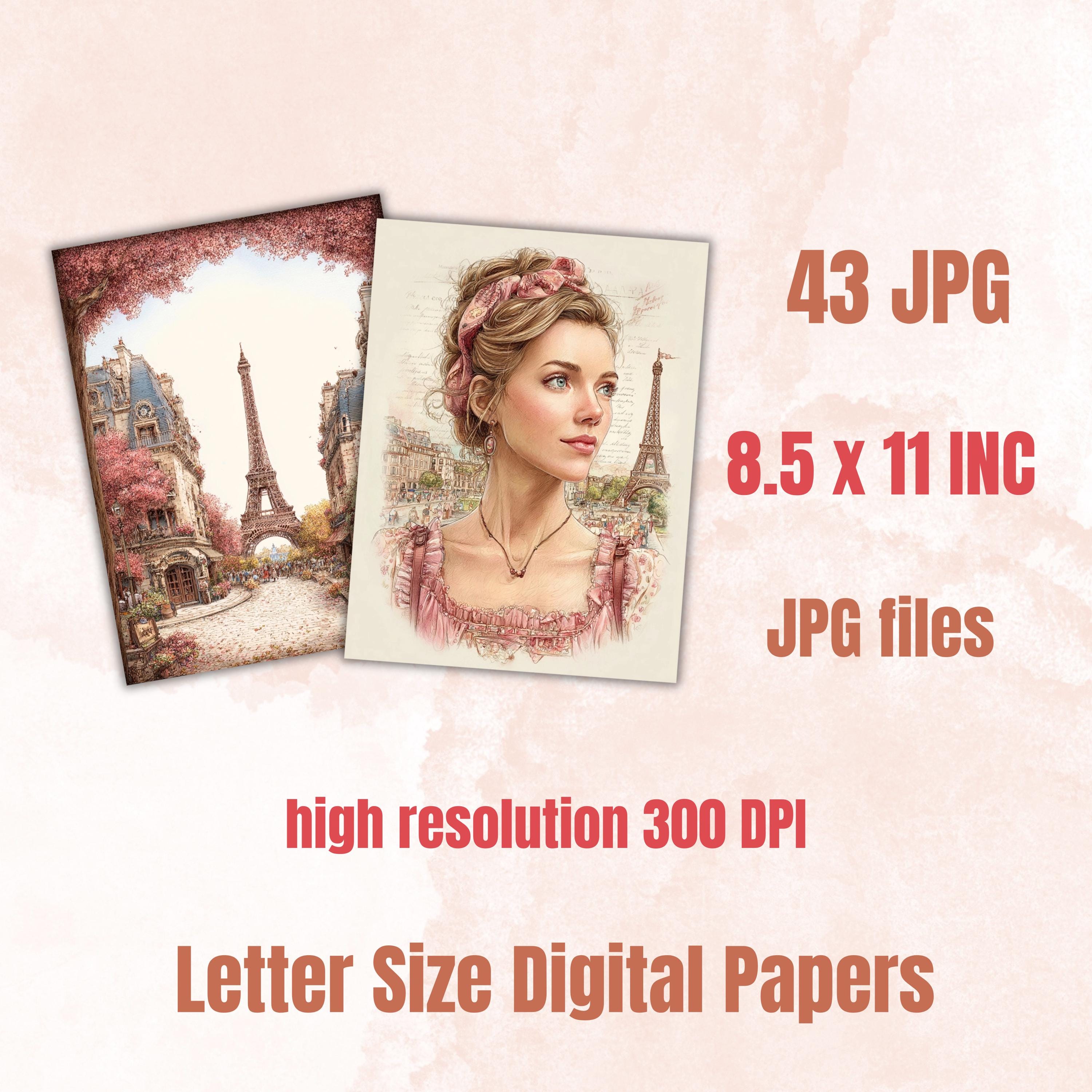 Whimsical Paris Digital Papers, Letter Size Parisian Travel Printable Backgrounds Commercial Use