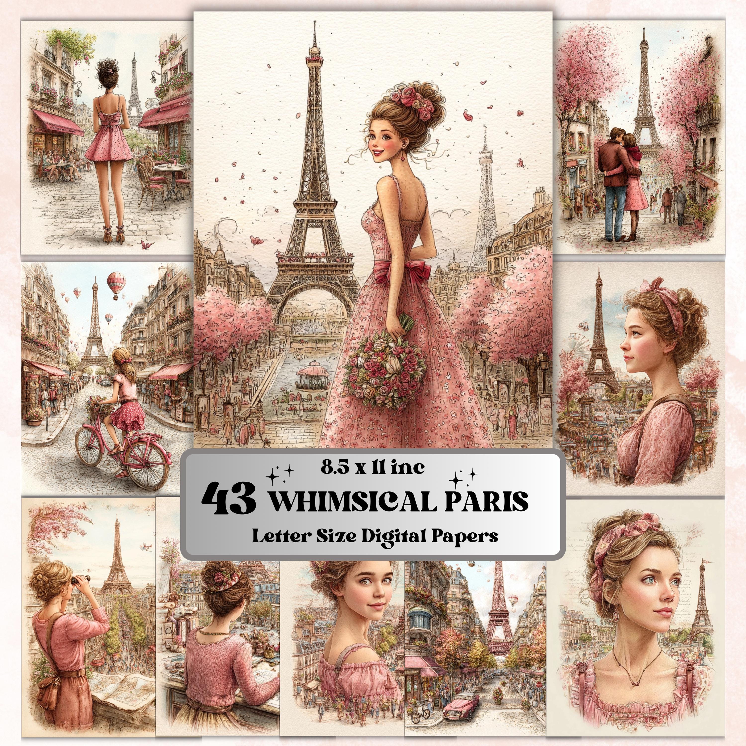 Whimsical Paris Digital Papers, Letter Size Parisian Travel Printable Backgrounds Commercial Use