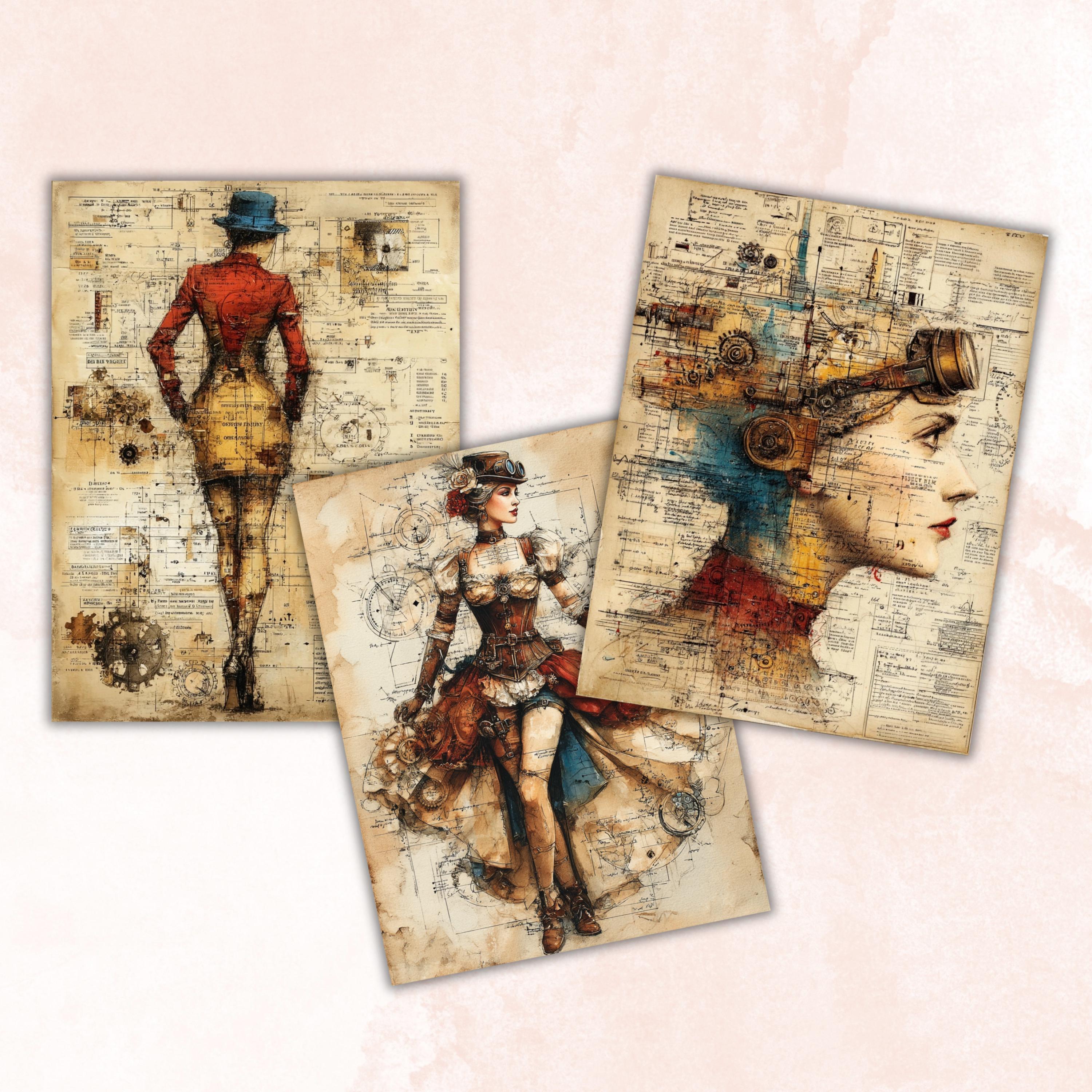 Steampunk Ladies Digital Papers, Industrial Woman Backgrounds, Vintage Girls Collage Journal Pages, Scrapbooking, Instant Printable Download