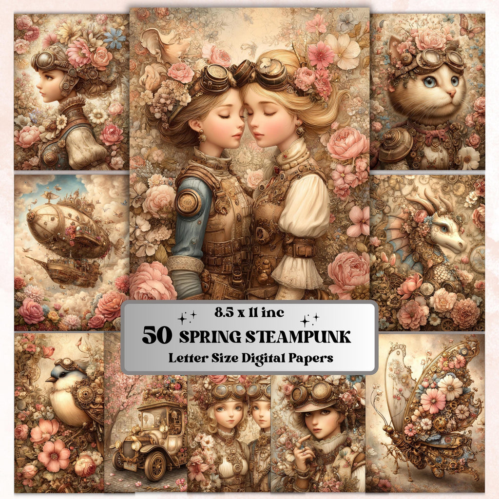 Spring Steampunk Ephemera Digital Papers, Industrial Backgrounds, Vintage Collage Journal Pages, Scrapbooking, Instant Printable Download