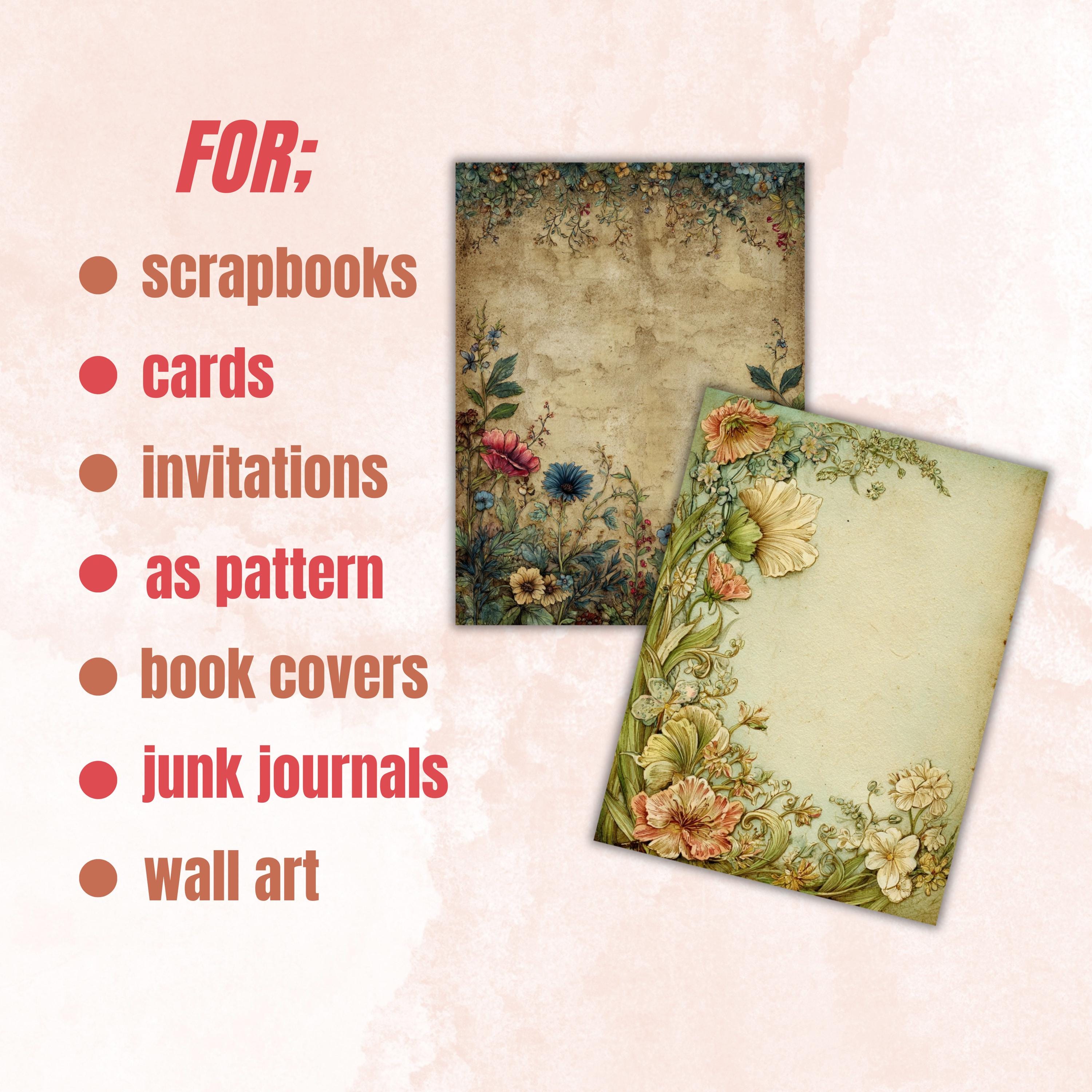 Floral Lined Journal Papers, Floral Ephemera Pages, Flower Junk Journal Pages, Printable Botanical Border, Vintage Neutral Frame Ephemera