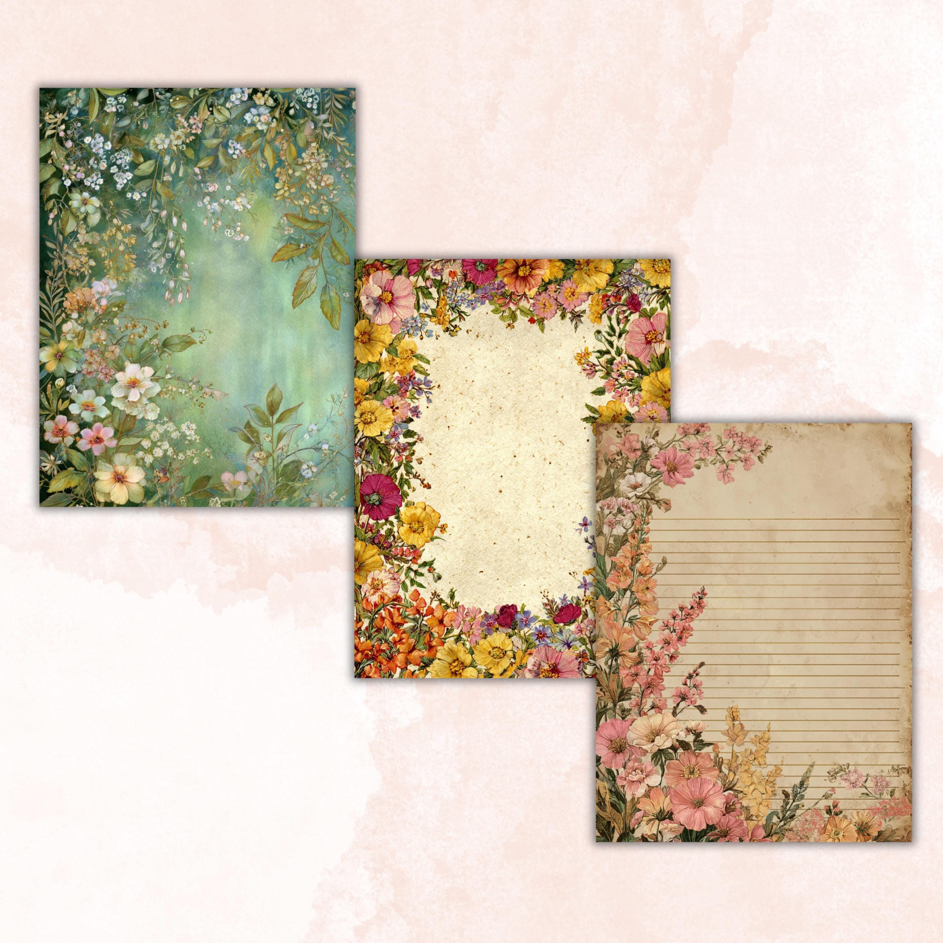 Floral Lined Journal Papers, Floral Ephemera Pages, Flower Junk Journal Pages, Printable Botanical Border, Vintage Neutral Frame Ephemera