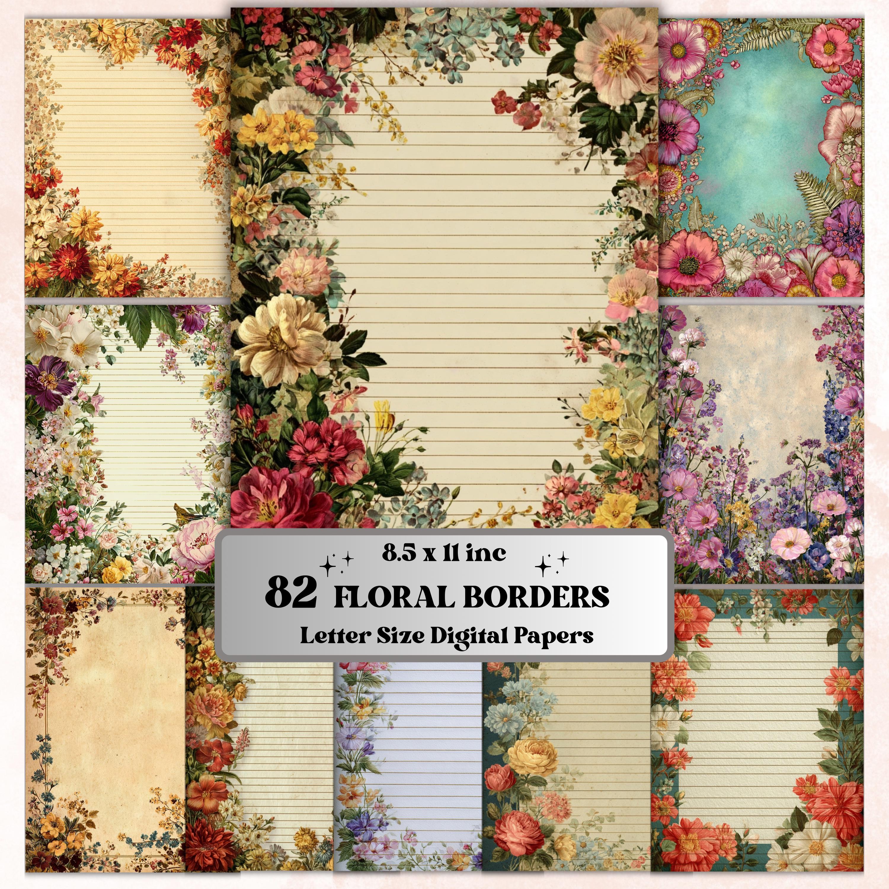 Floral Lined Journal Papers, Floral Ephemera Pages, Flower Junk Journal Pages, Printable Botanical Border, Vintage Neutral Frame Ephemera