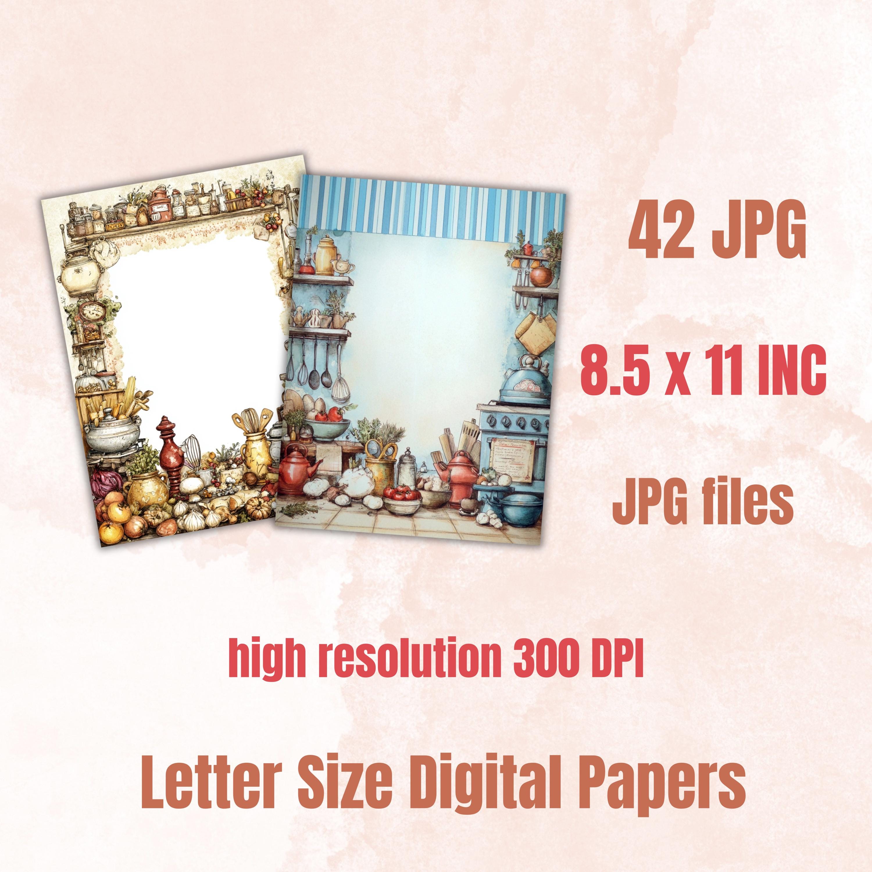 Kitchen Border Lined Pages Printable, Letter Size Cooking Writing Paper Recipe Journal Pages Commercial Use
