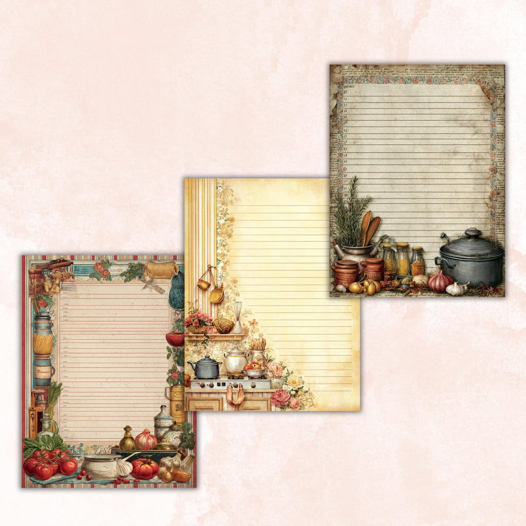 Kitchen Border Lined Pages Printable, Letter Size Cooking Writing Paper Recipe Journal Pages Commercial Use