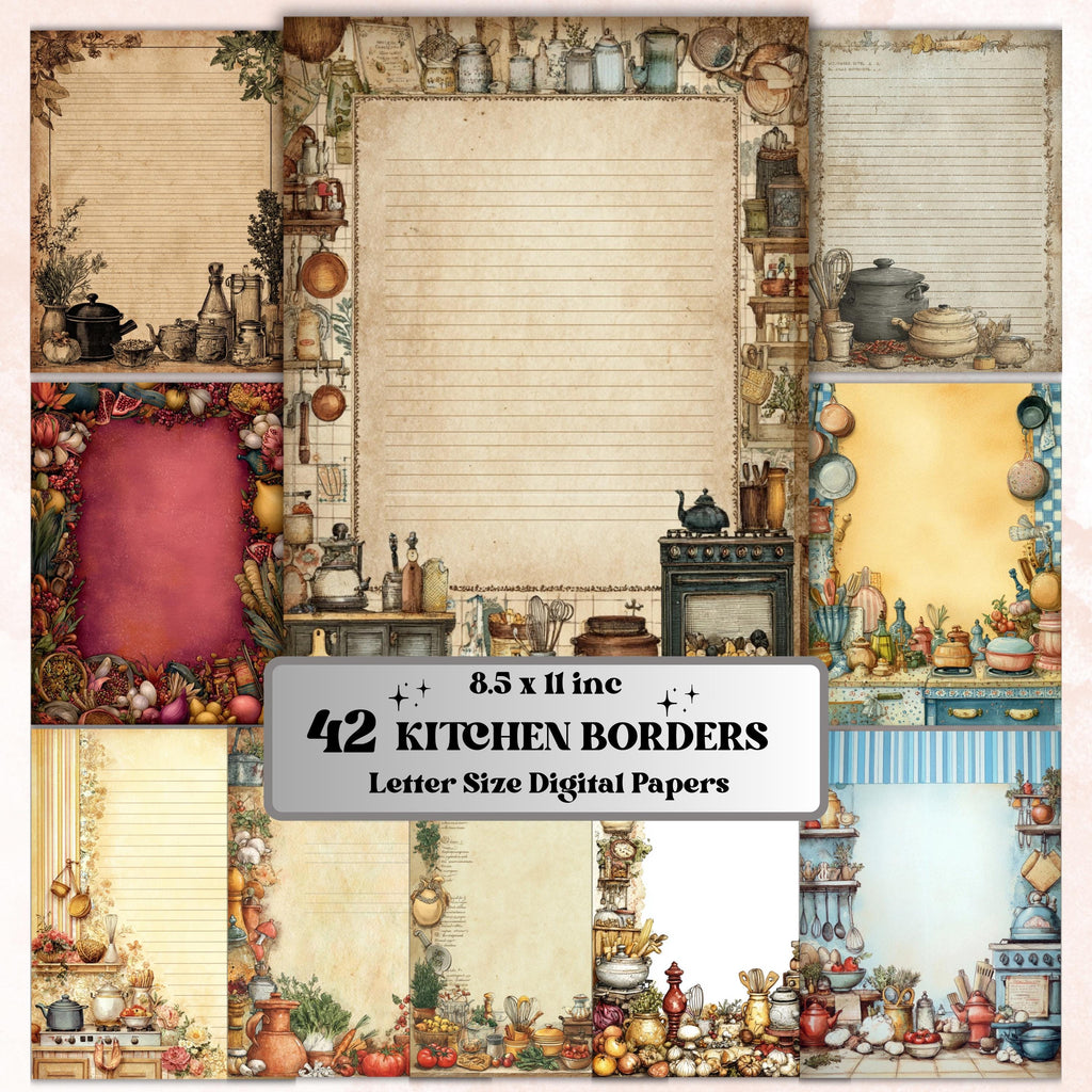 Kitchen Border Lined Pages Printable, Letter Size Cooking Writing Paper Recipe Journal Pages Commercial Use