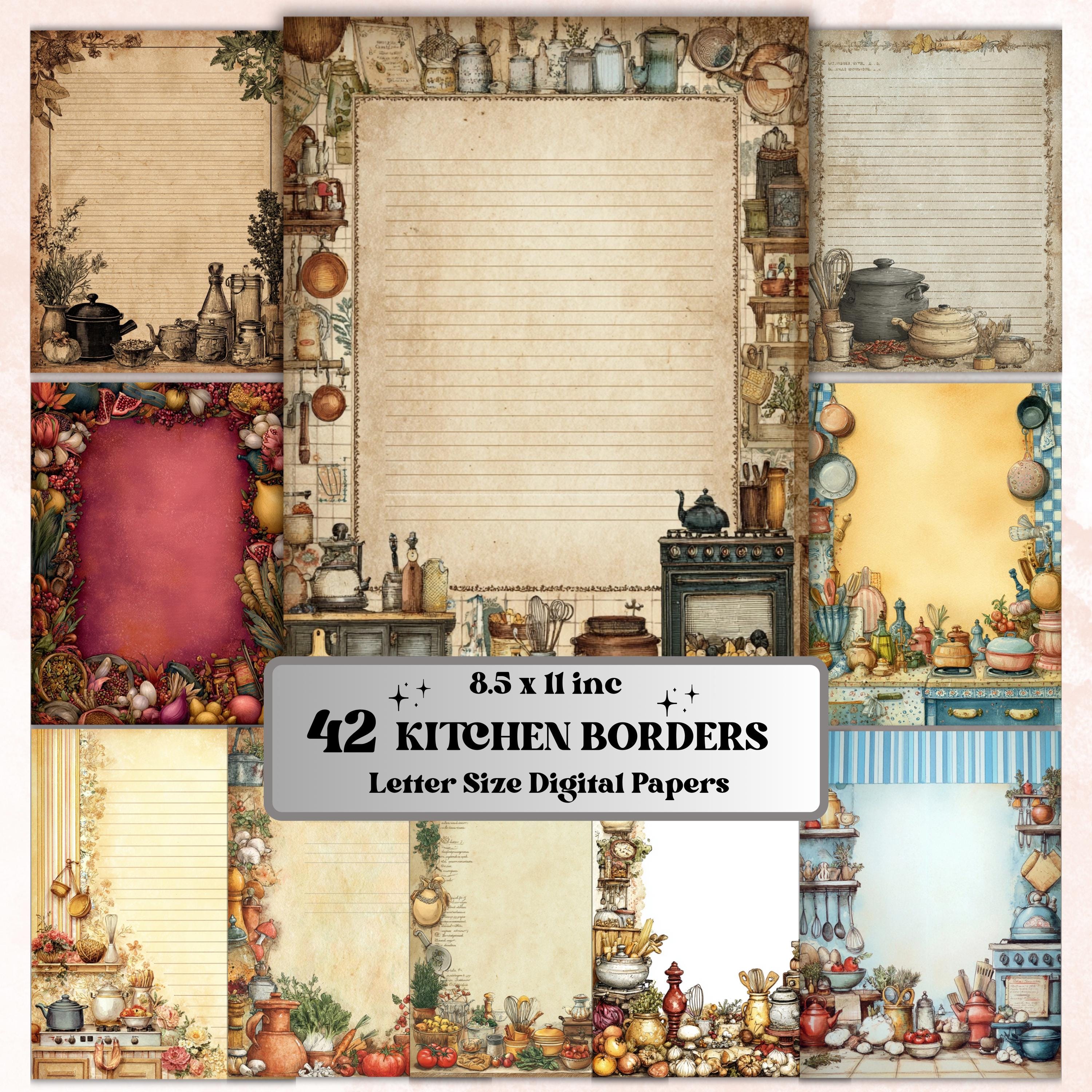 Kitchen Border Lined Pages Printable, Letter Size Cooking Writing Paper Recipe Journal Pages Commercial Use