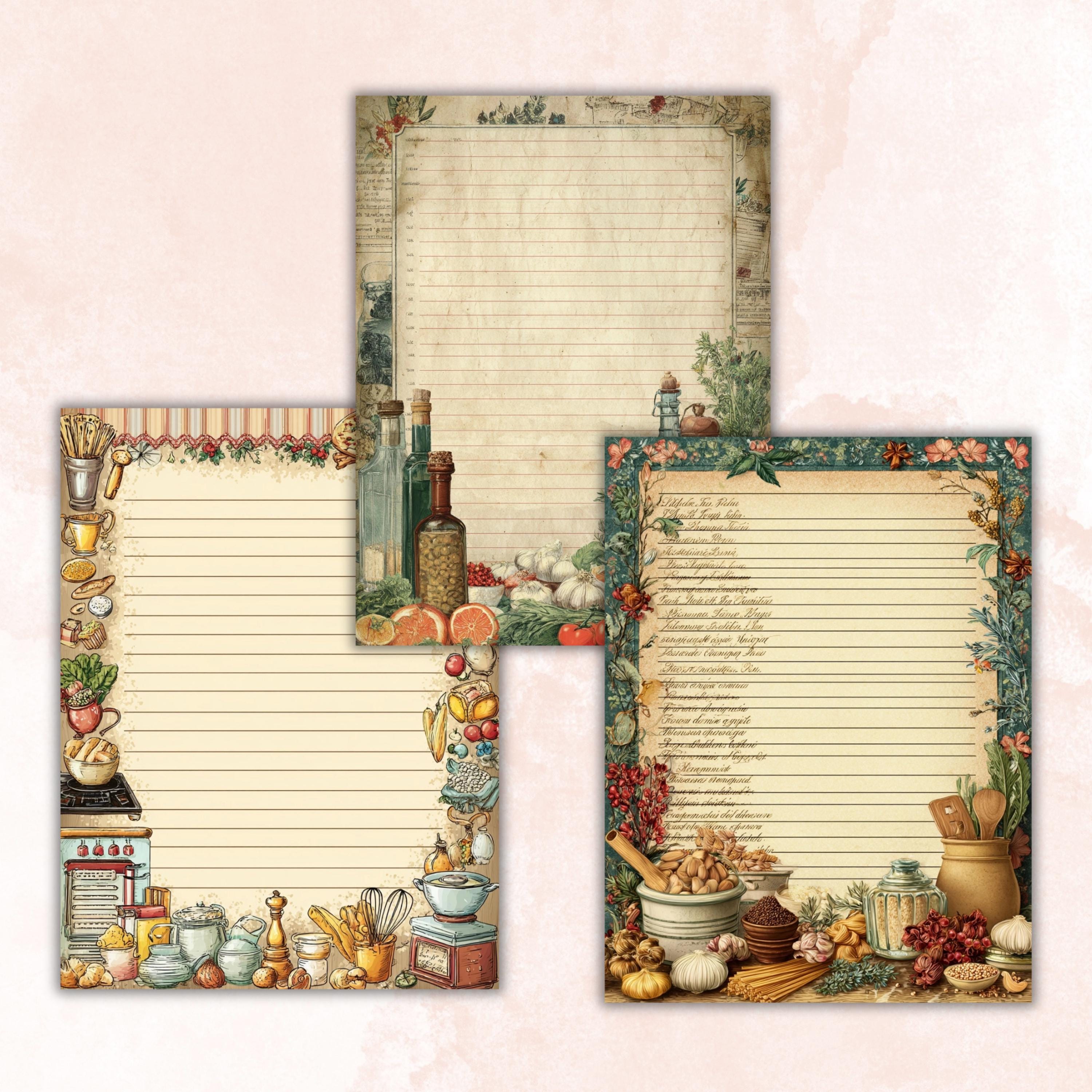 Kitchen Border Lined Pages Printable, Letter Size Cooking Writing Paper Recipe Journal Pages Commercial Use