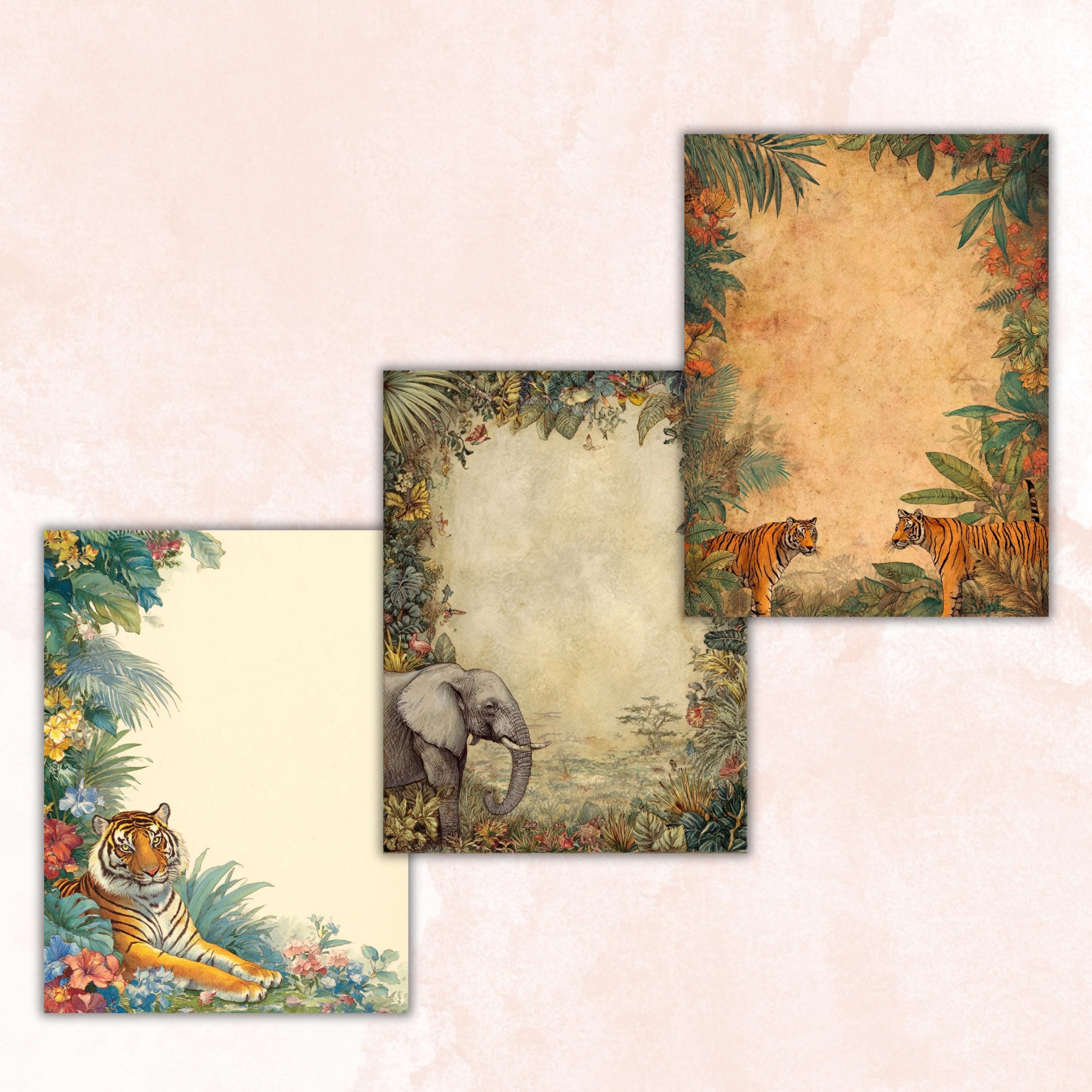 44 Safari Border Lined Pages Printable, Letter Size Jungle Animal Writing Paper Kids Stationery Commercial Use