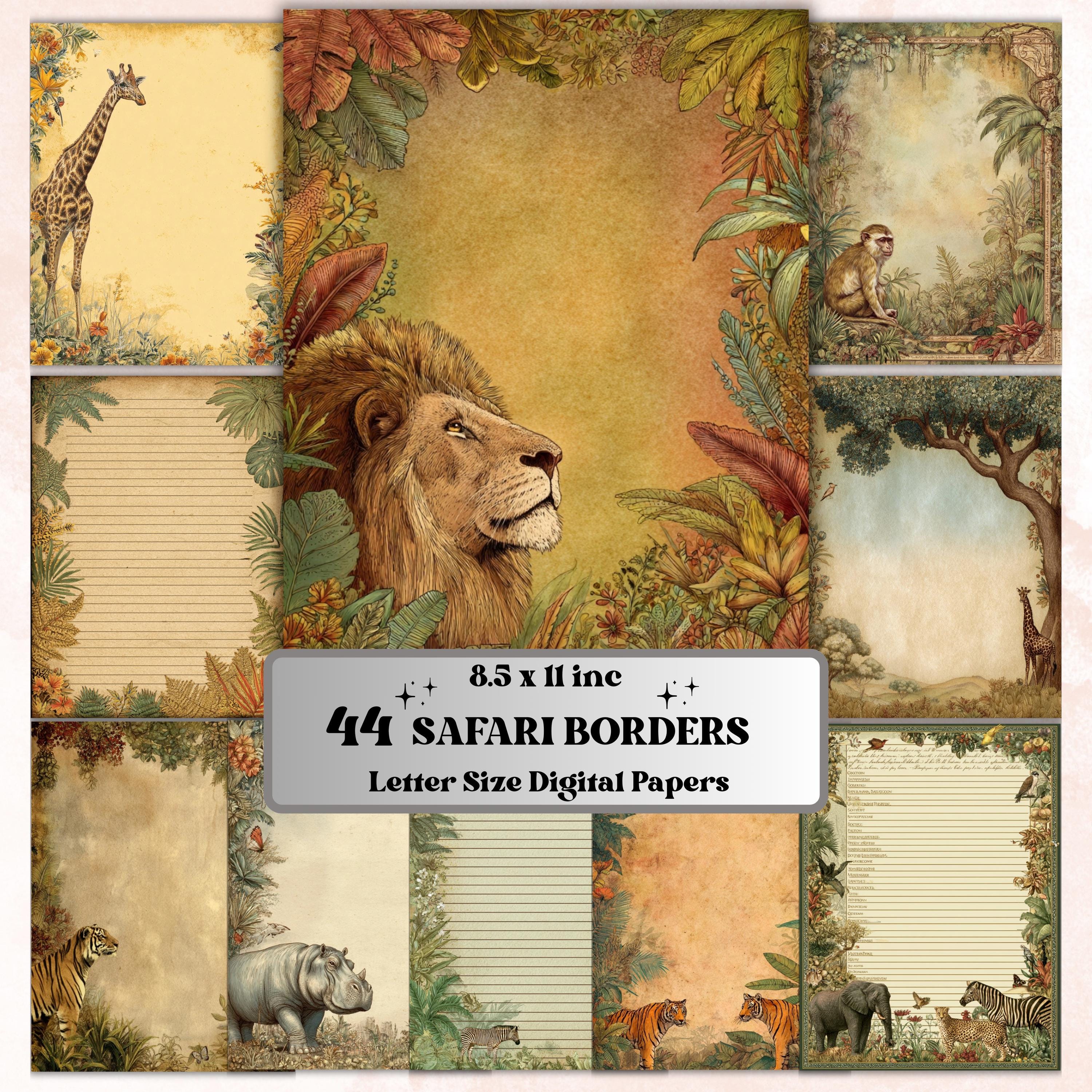44 Safari Border Lined Pages Printable, Letter Size Jungle Animal Writing Paper Kids Stationery Commercial Use