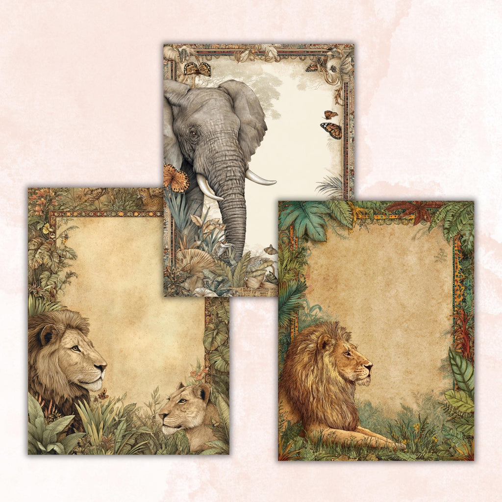 44 Safari Border Lined Pages Printable, Letter Size Jungle Animal Writing Paper Kids Stationery Commercial Use