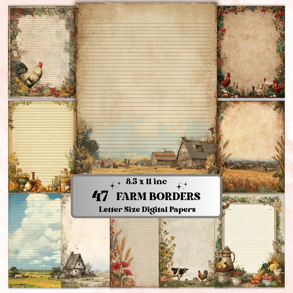 47 Farm Border Lined Pages Printable, Letter Size Farm Animal Writing Paper Kids Stationery Commercial Use