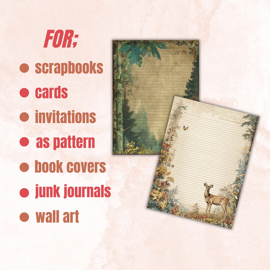 49 Woodland Border Lined Pages Printable, Letter Size Forest Animal Writing Paper Nature Stationery Commercial Use