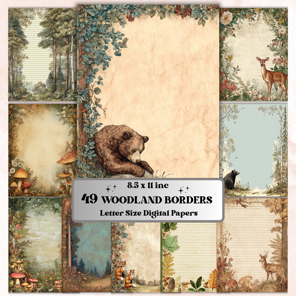 49 Woodland Border Lined Pages Printable, Letter Size Forest Animal Writing Paper Nature Stationery Commercial Use