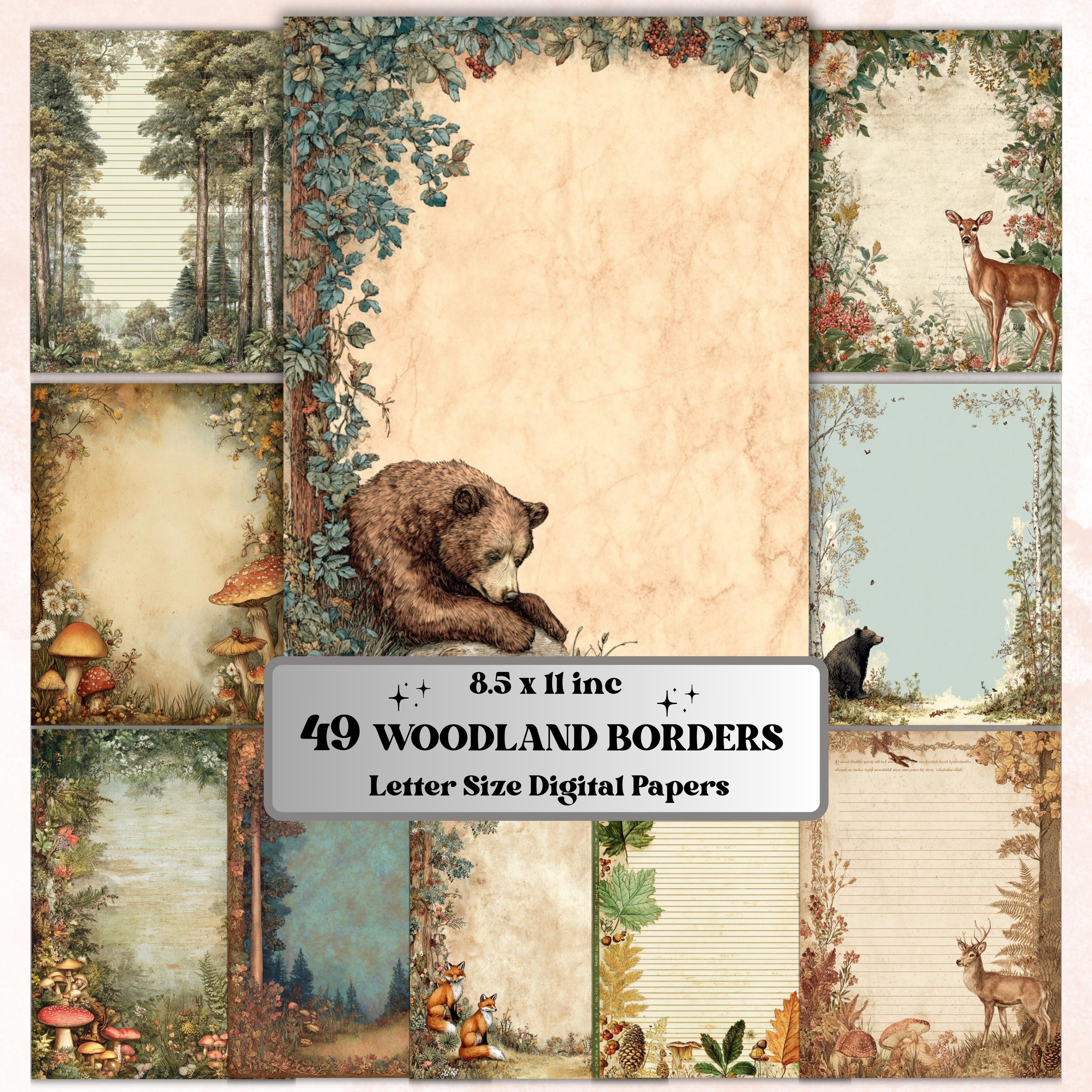 49 Woodland Border Lined Pages Printable, Letter Size Forest Animal Writing Paper Nature Stationery Commercial Use