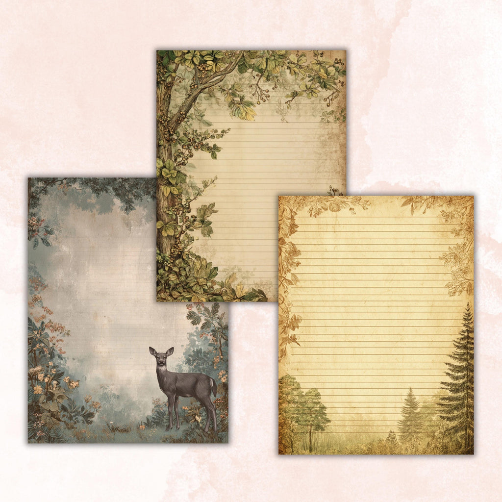 49 Woodland Border Lined Pages Printable, Letter Size Forest Animal Writing Paper Nature Stationery Commercial Use
