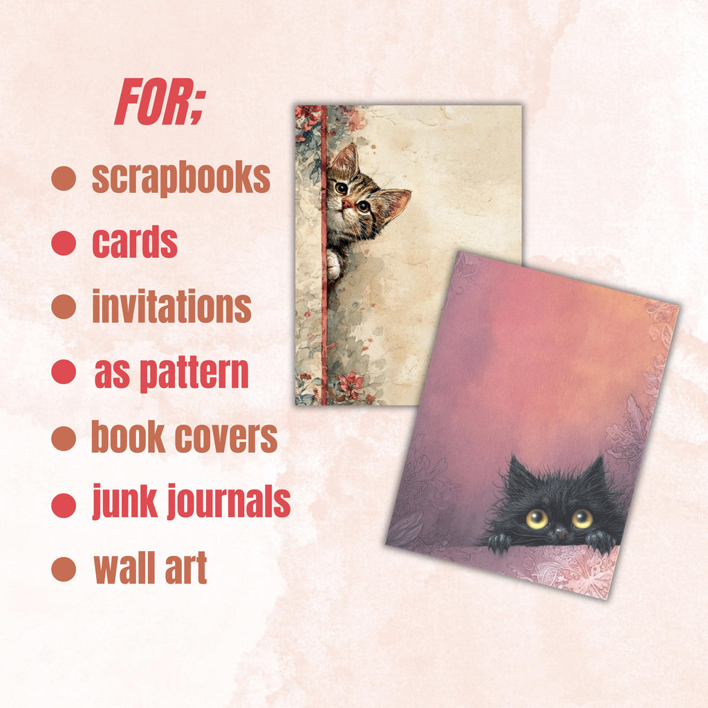 44 Peeking Cat Border Lined Pages Printable, Letter Size Cute Cat Writing Paper Stationery Commercial Use