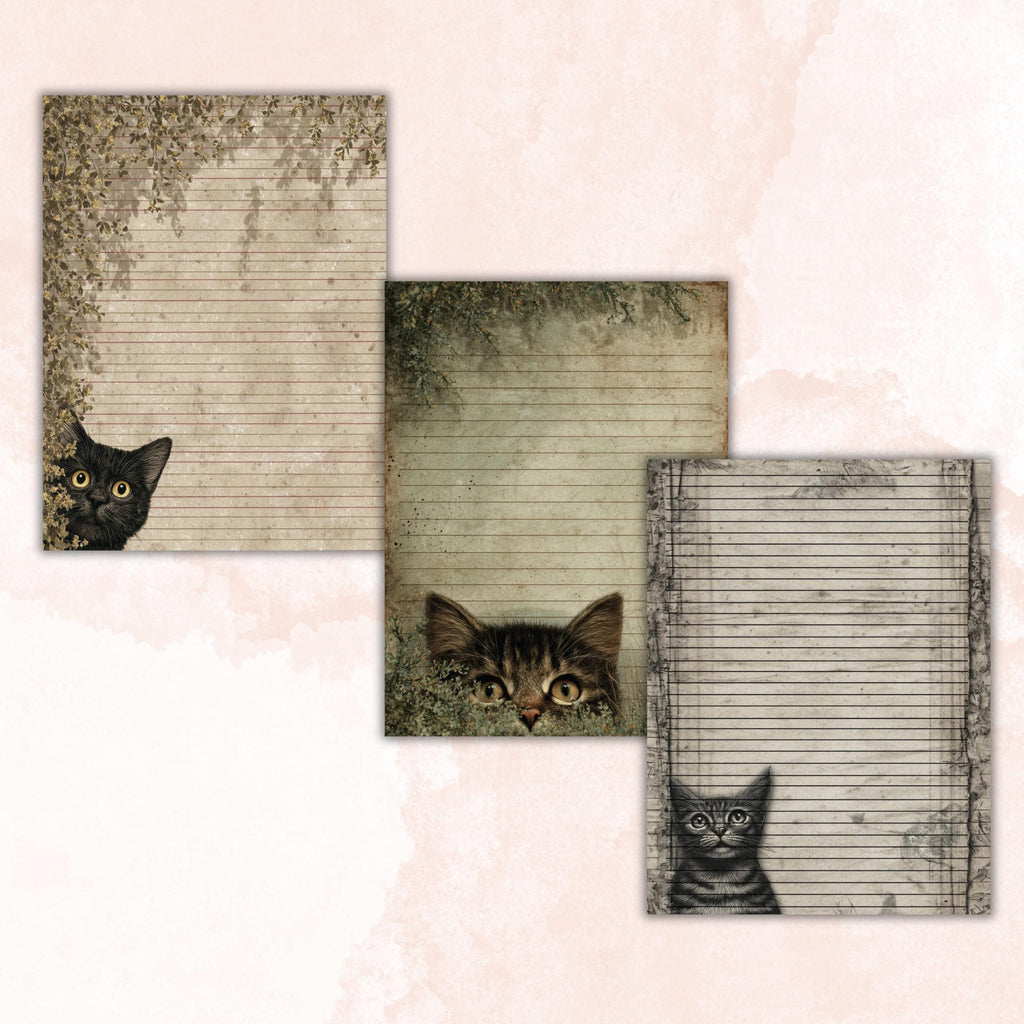 44 Peeking Cat Border Lined Pages Printable, Letter Size Cute Cat Writing Paper Stationery Commercial Use