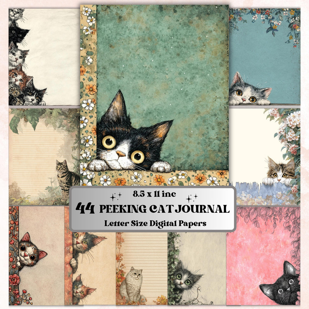 44 Peeking Cat Border Lined Pages Printable, Letter Size Cute Cat Writing Paper Stationery Commercial Use